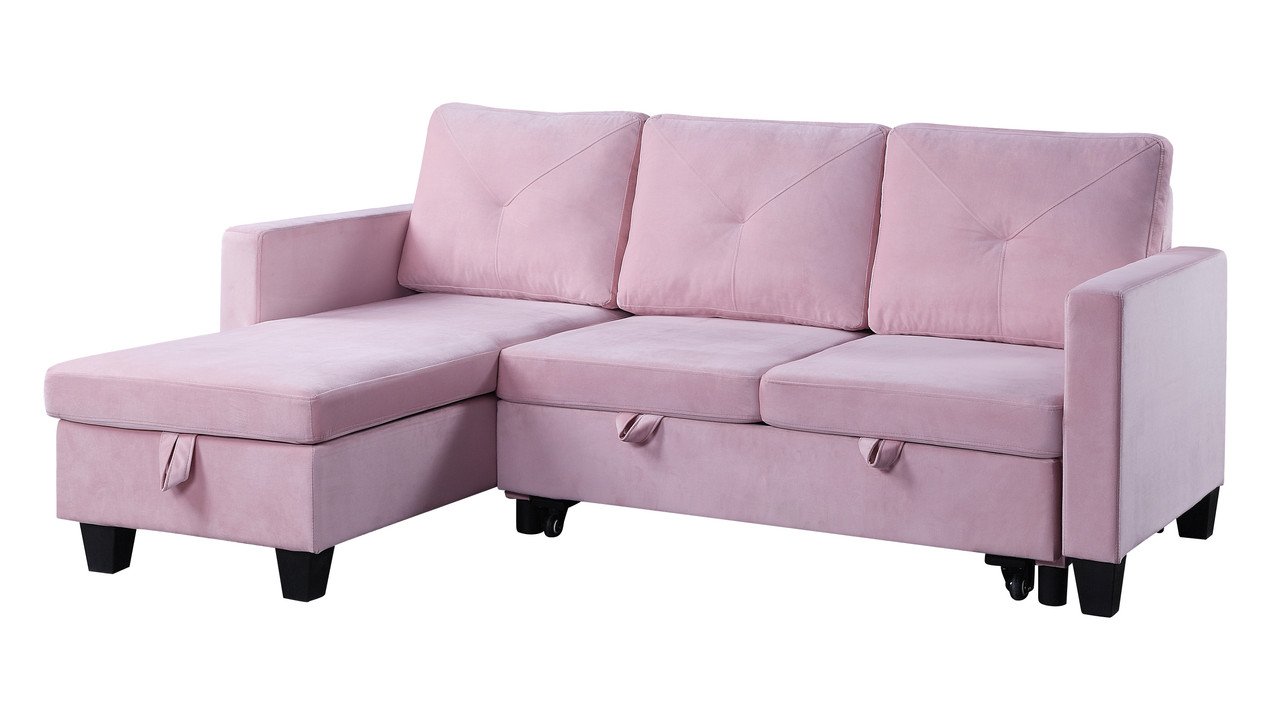 Nova - Velvet Reversible Sleeper Sectional Sofa With Storage Chaise - Pink - Image 2