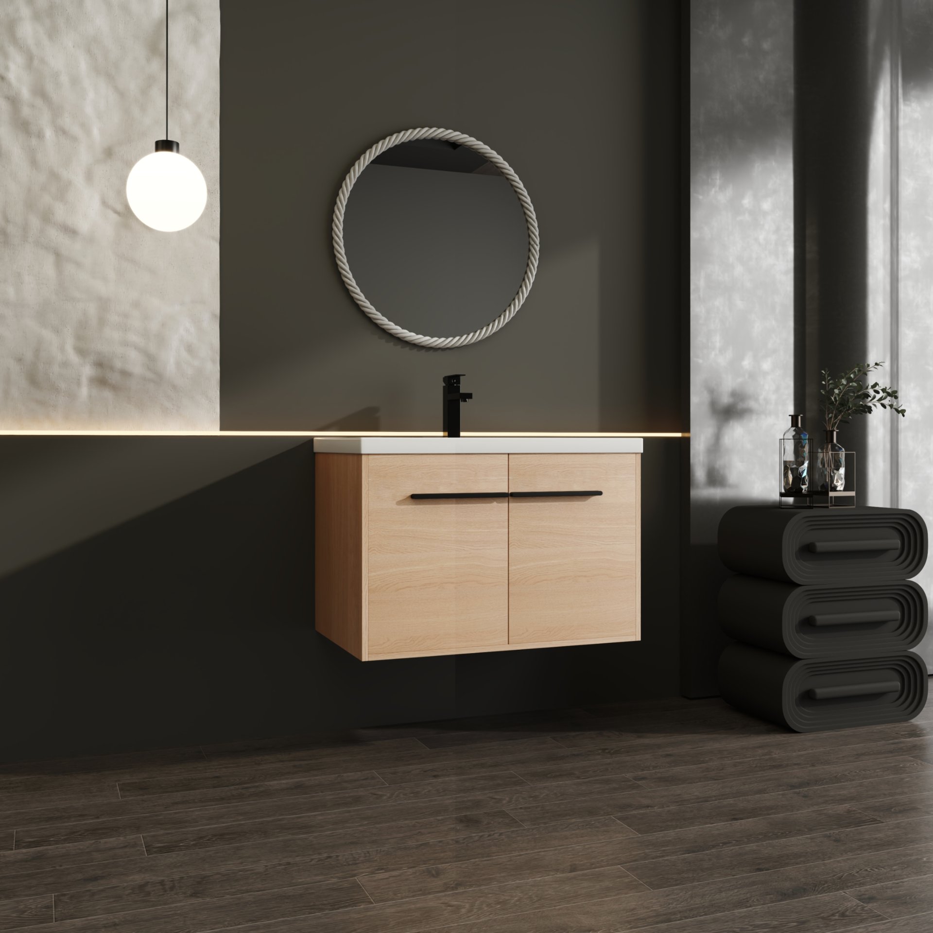 Bathroom Vanity With Resin Countertop Sink, 30" 2 Doors Cabinet Set - Oak - Image 2