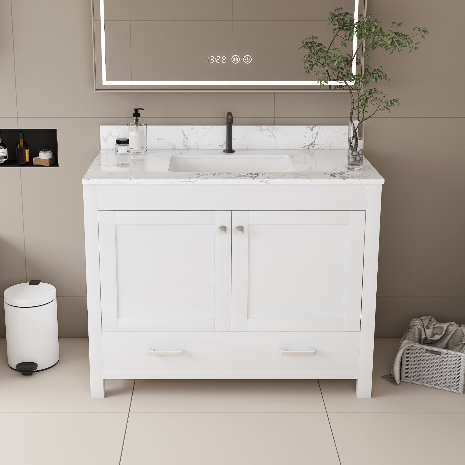 43" Bathroom Vanity With Artificial Marble Carrara Top Set, Multi Functional Cabinet With Doors And Drawer - White - Image 2