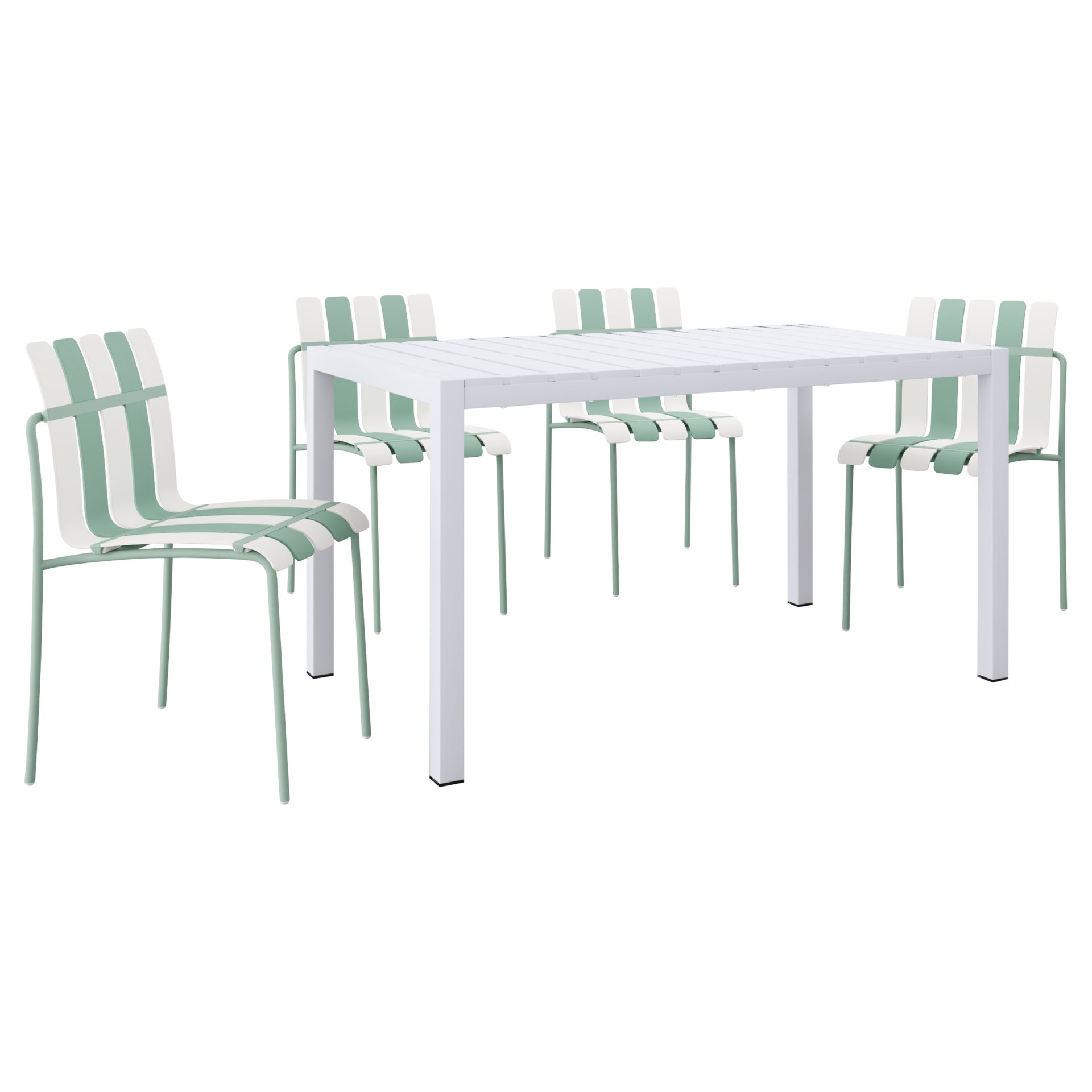 4 Piece Set Of Color Block Designed Single Chairs With Table - Cream White / Haze Green / White - Image 4