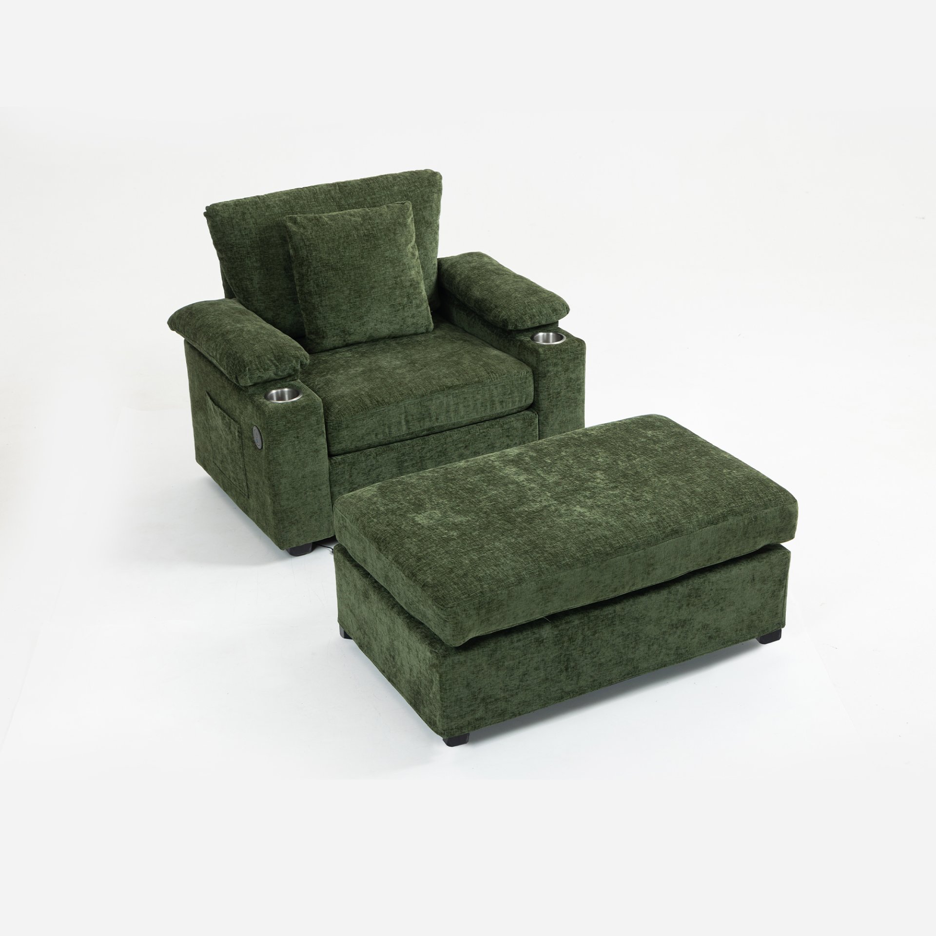 Modern Oversized Chair With Ottoman, Chenille Fabric Sofa Bed, Accent Chair Comfy Sofa With Cupholders And USB Charging Ports Chair For Living Room - Green - Image 9