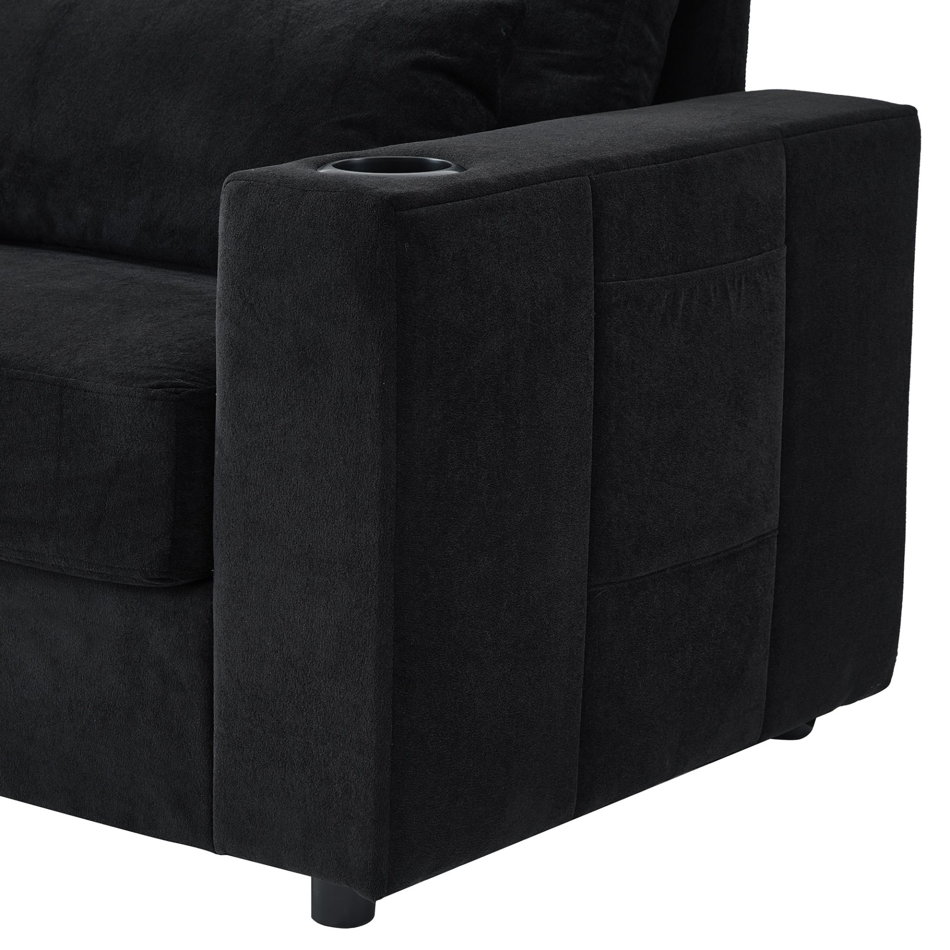Modern Style Armchair Chaise Lounge Sofa Couch With Movable Storage Ottoman, USB Ports, Cup Holders & Side Pockets Chenille - Black - Image 22