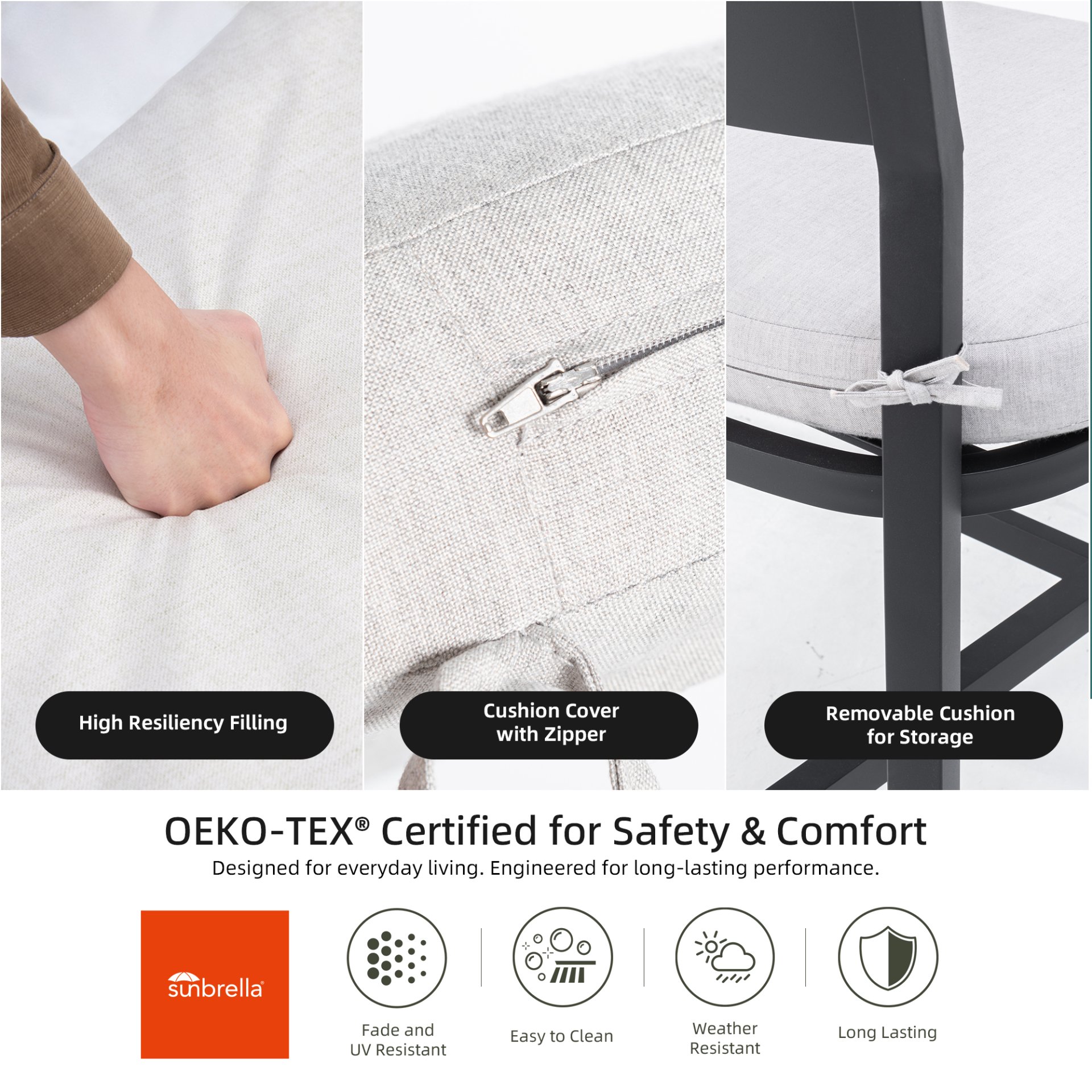 5 Pieces Modern Outdoor Bar Set, Sintered Stone Table With White Inspired Top & 4 Bar Stools, Sunbrella Cushions, Weather Resistant - Ember Black / White - Image 10