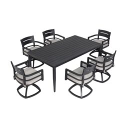 7 Piece Outdoor Patio Furniture, Modern Dining Set, 6 Swivel Chairs Rockers Sunbrella Fabric And Rectangle Dining Table With Umbrella Hole - Ember Black