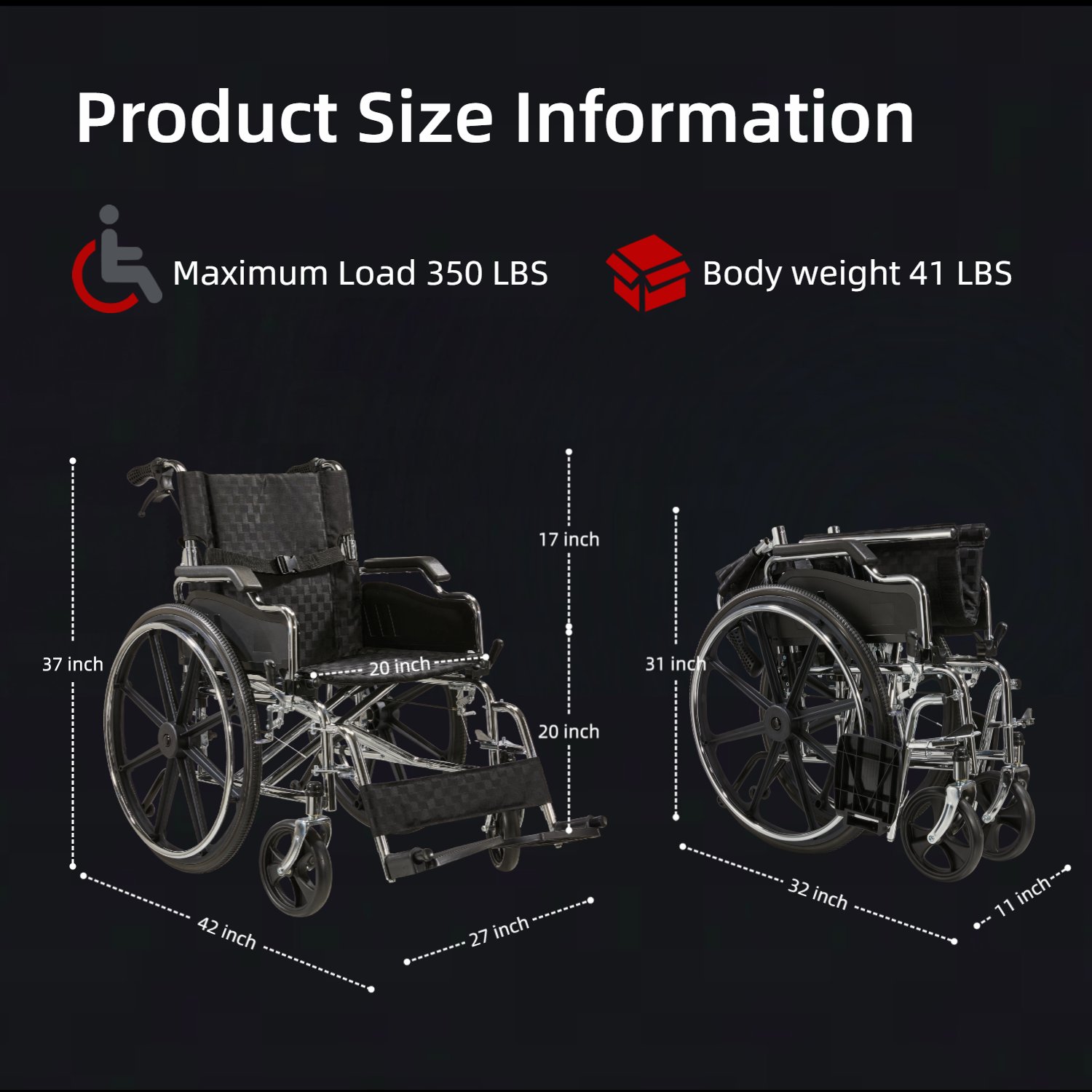 Heavy Duty Manual Wheelchair With Double X Force Support 24" Non Inflatable Tires Foldable Transport Wheelchair With Quick Release Wheels 350Lbs Capacity - Black / Silver - Image 13