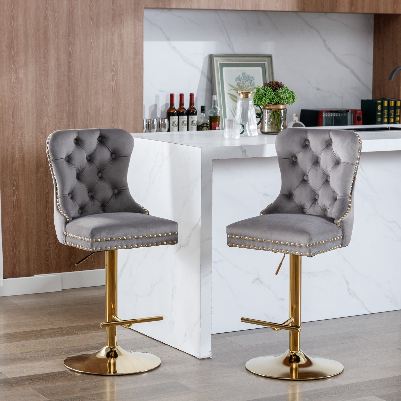 Thick Golden Swivel Velvet Barstools Adjusatble Seat Height From 25-33", Modern Upholstered Bar Stools With Backs Comfortable Tufted For Home Pub And Kitchen Island (Set of 2) - Gray - Image 15