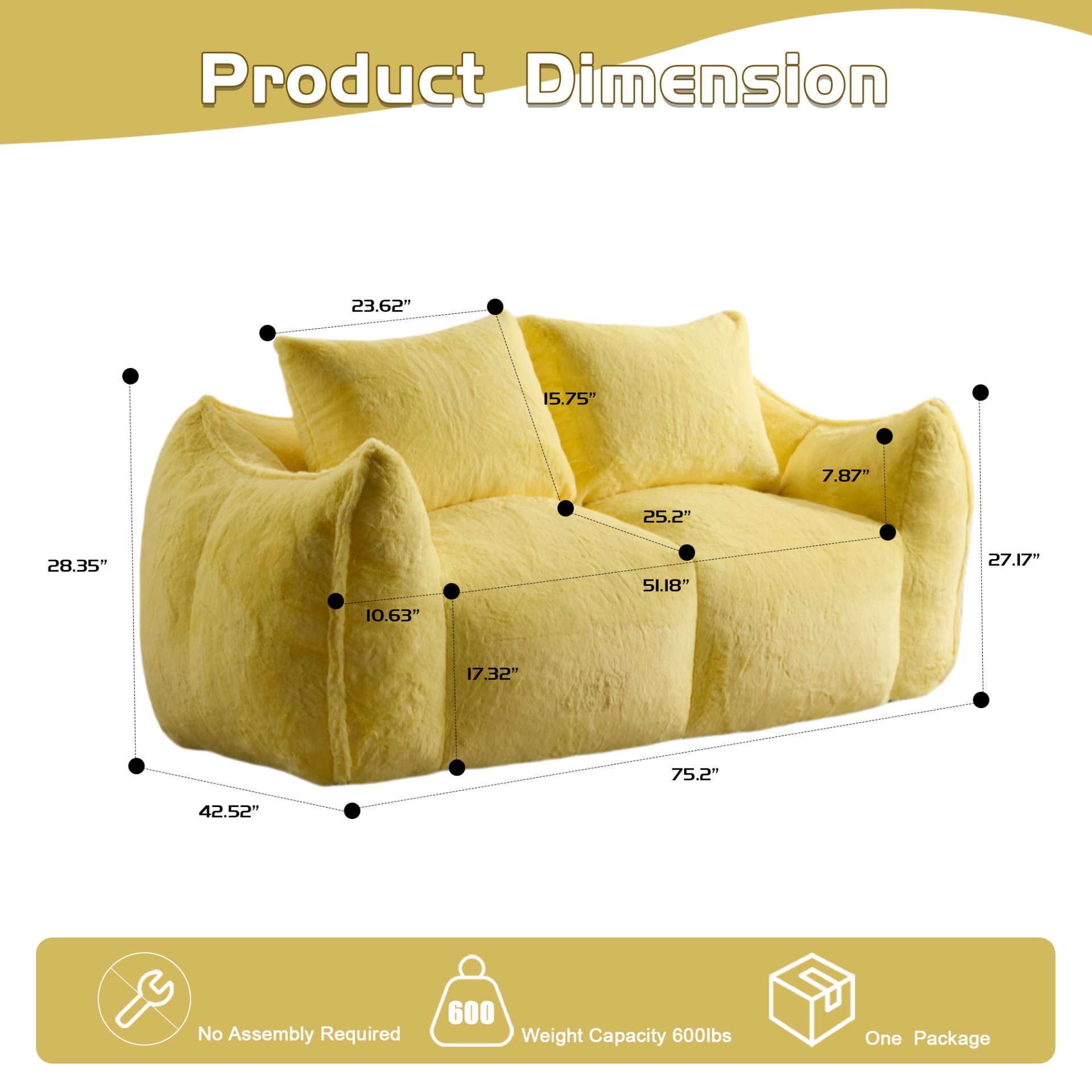 Giant Bean Bag Couch, Ultra Soft Fluffy Loveseat For Living Room Reading Chair With Pillows - Yellow - Image 3