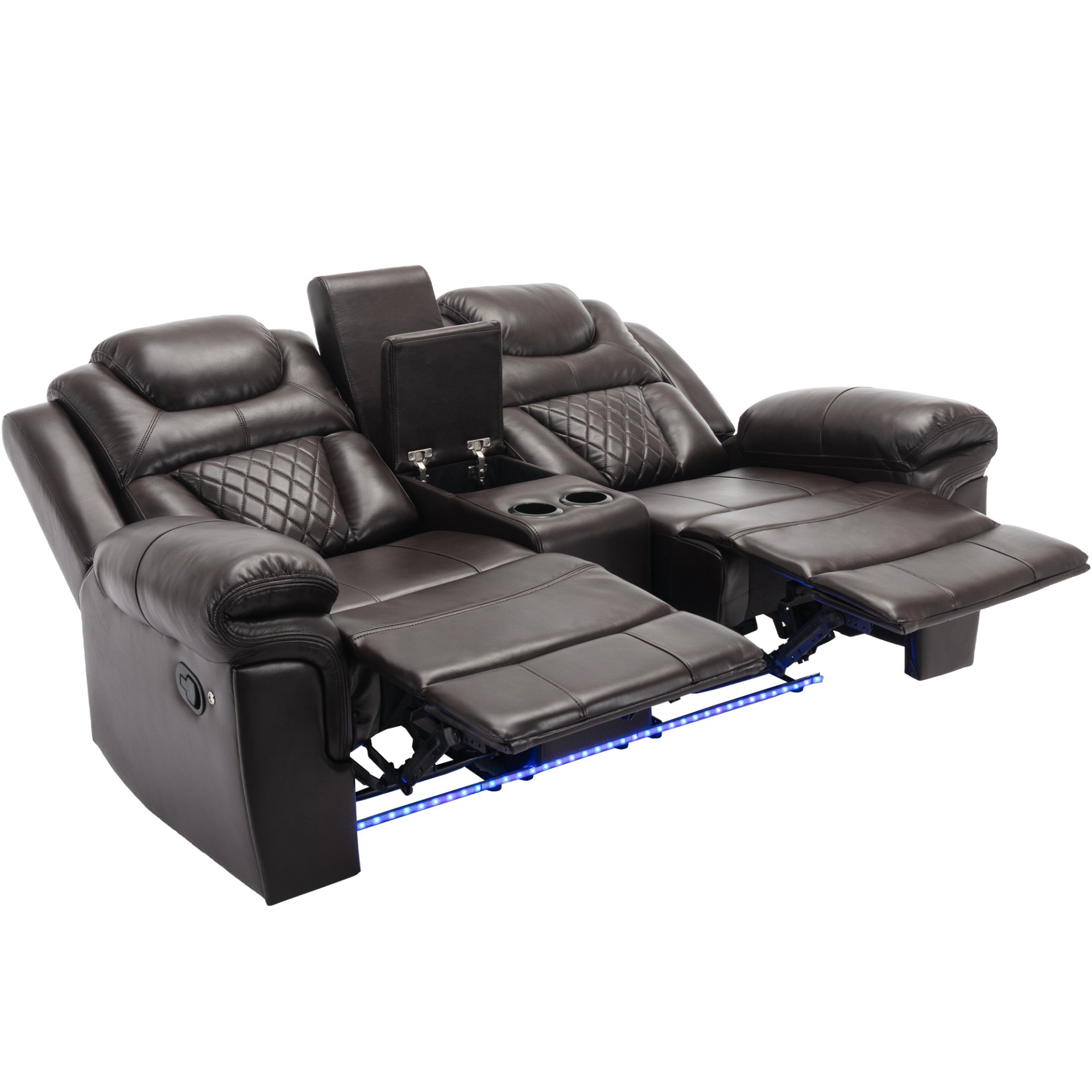 3 Pieces Recliner Sofa Sets Home Theater Seating Manual Recliner Chair With Center Console And Led Light Strip For Living Room - Brown - Image 19
