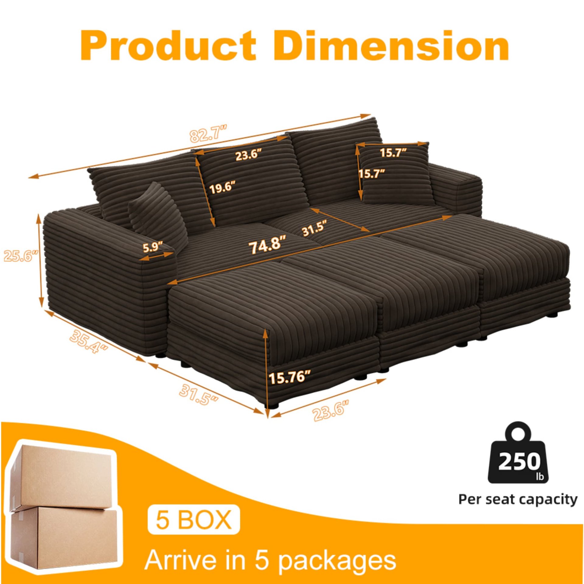 3 Seat Sofa, Deep Seat Couches With Soft Pillows And 3 Ottomans, Convertible Sofa Lounge Chair, For Living Room - Camel - Image 10