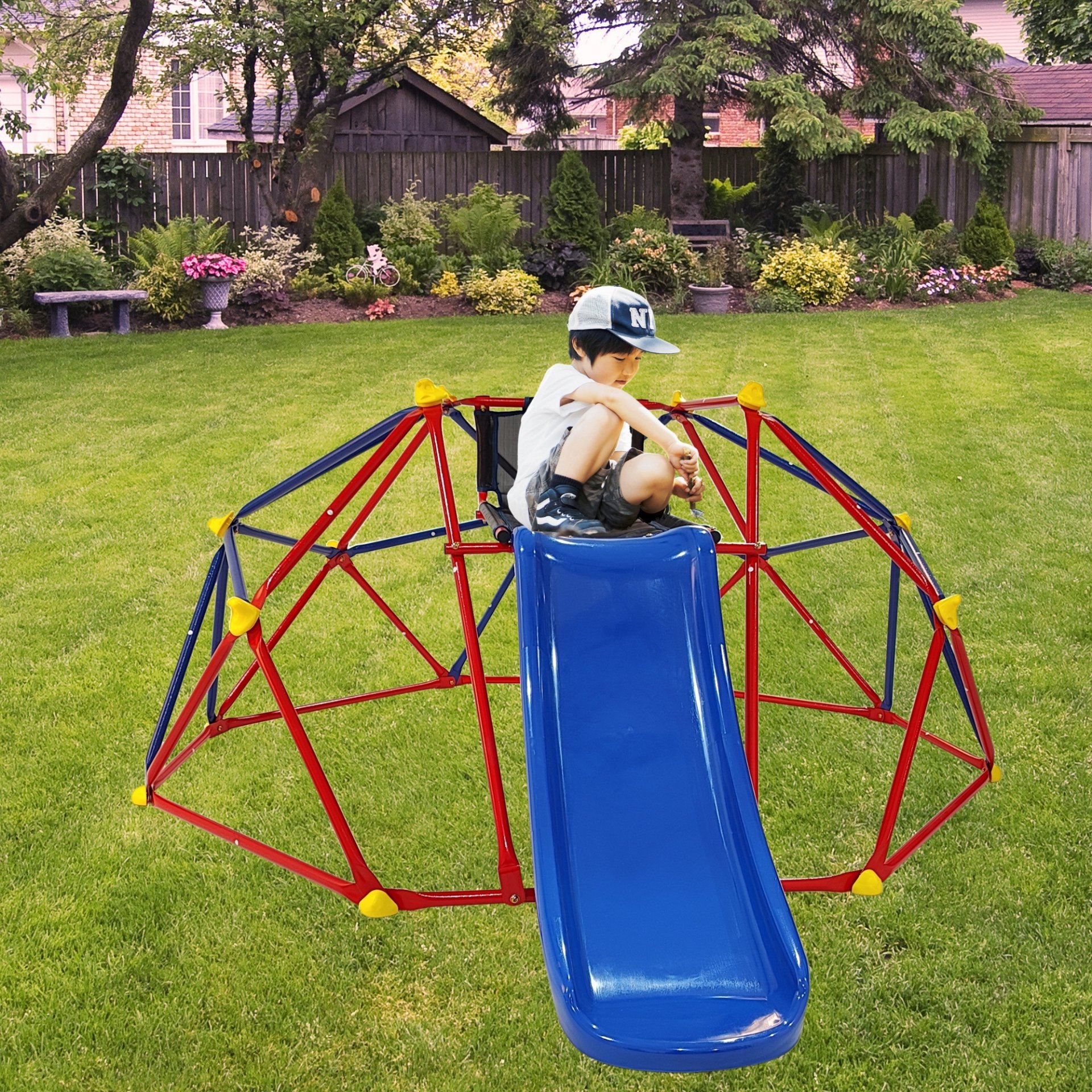 Innovative Dome Climber With Slide And Climbing Stones - Blue / Red - Image 2