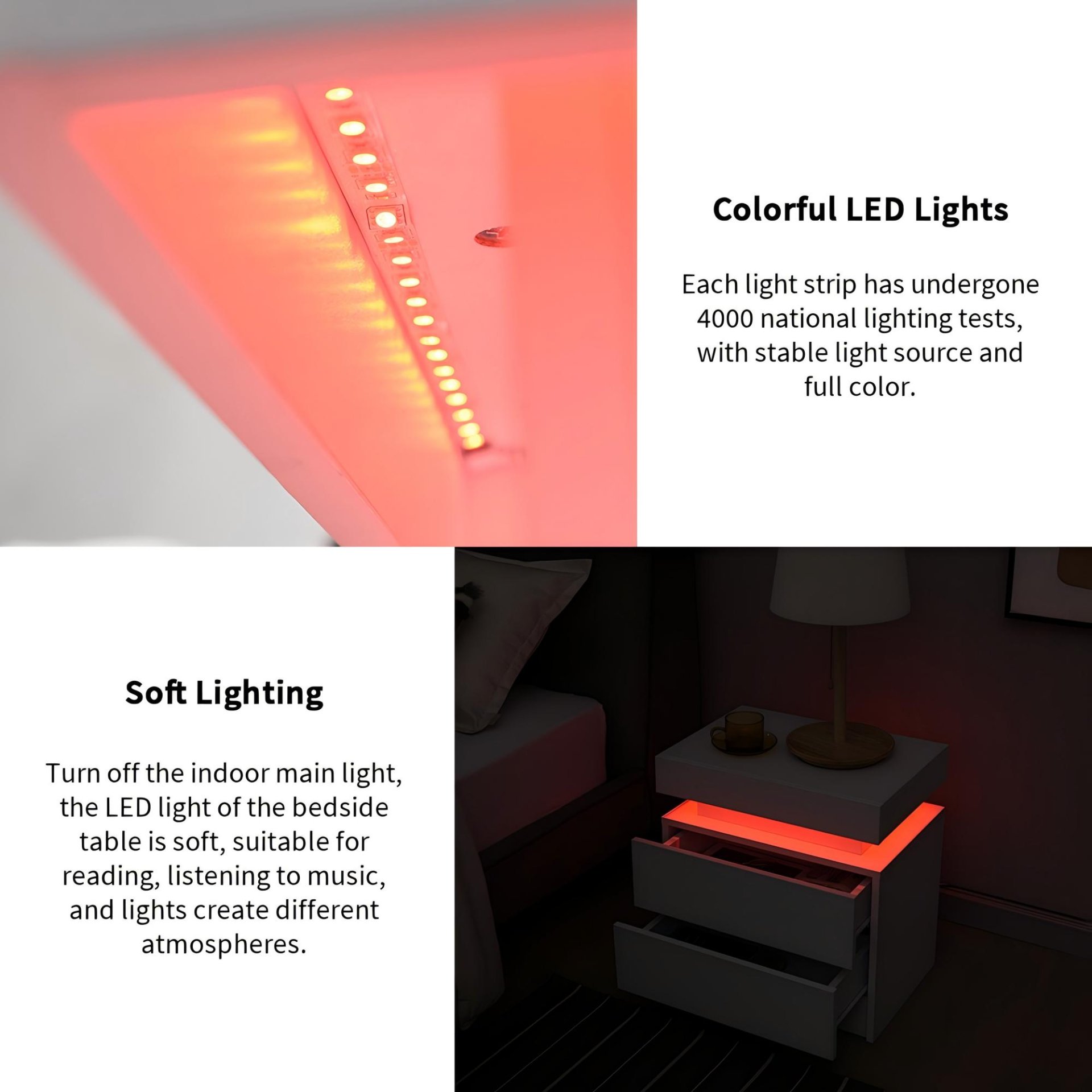 Modern LED Bedside Table Cabinet With Adjustable Lights And 2 Drawers - White - Image 5