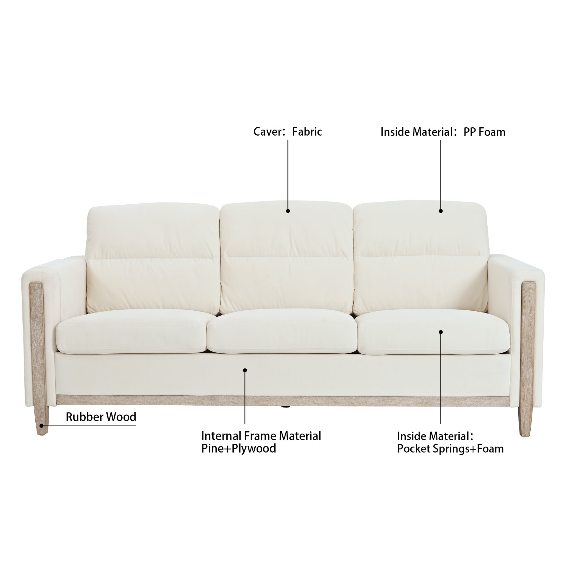 Comfortable Solid Wood Three-Seater Sofa, Soft Cushions, Durable And Long-Lasting, Sofa Couch For Living Room - Beige - Image 5