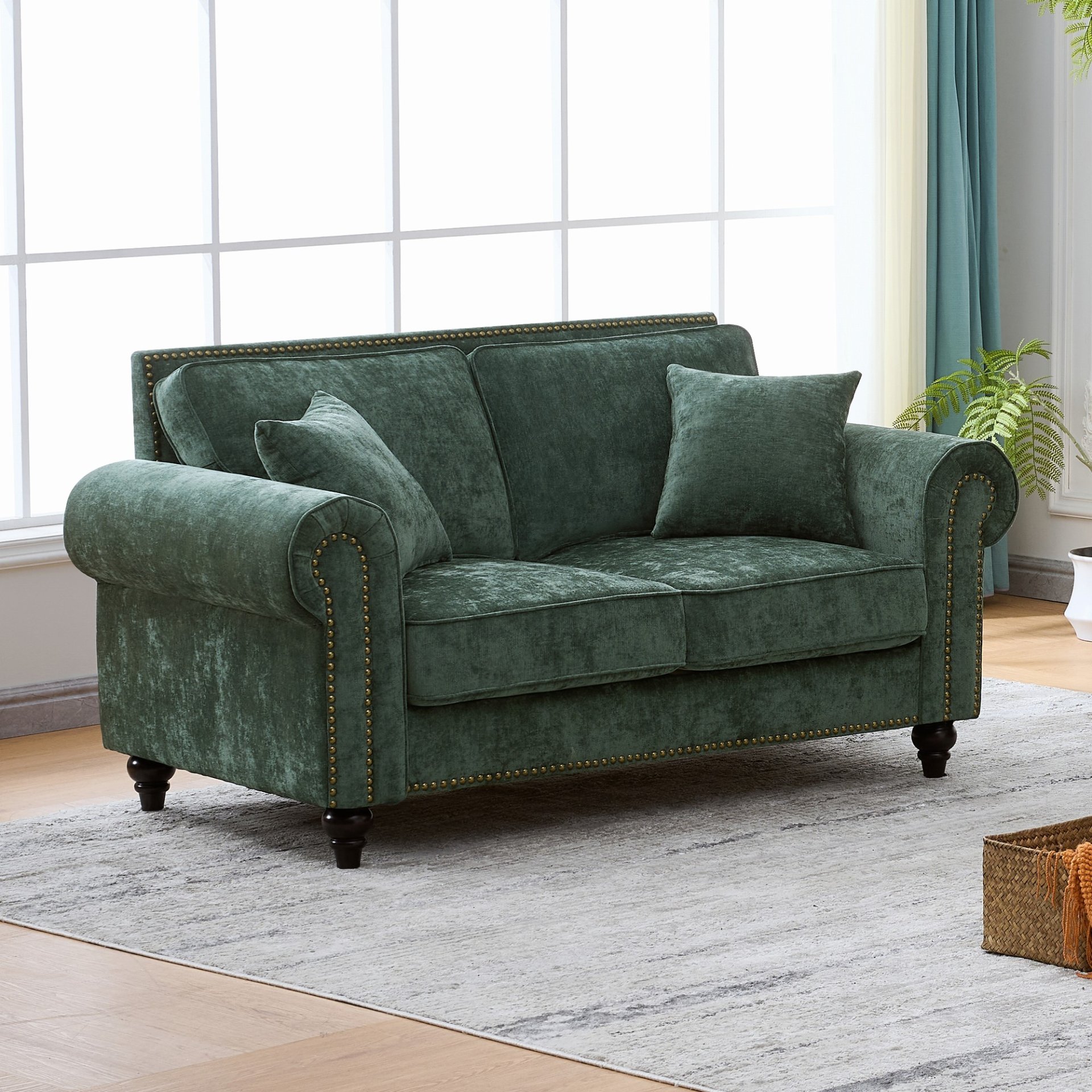 2 Seater Sofa With Rolled Arms, Tufted, Legs, Nailhead Trim - Green - Image 5