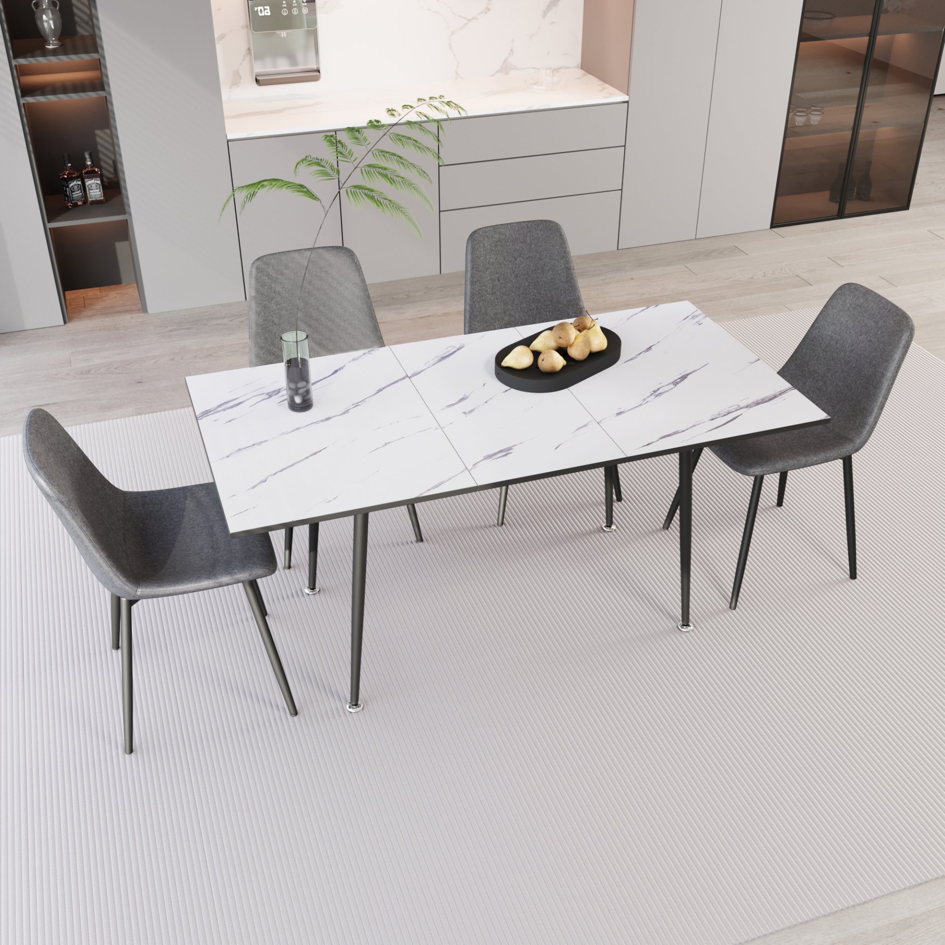 Modern Extendable Dining Table And Chair Set, Elegant Table Chairs, Metal Base - Gray / White - Image 5