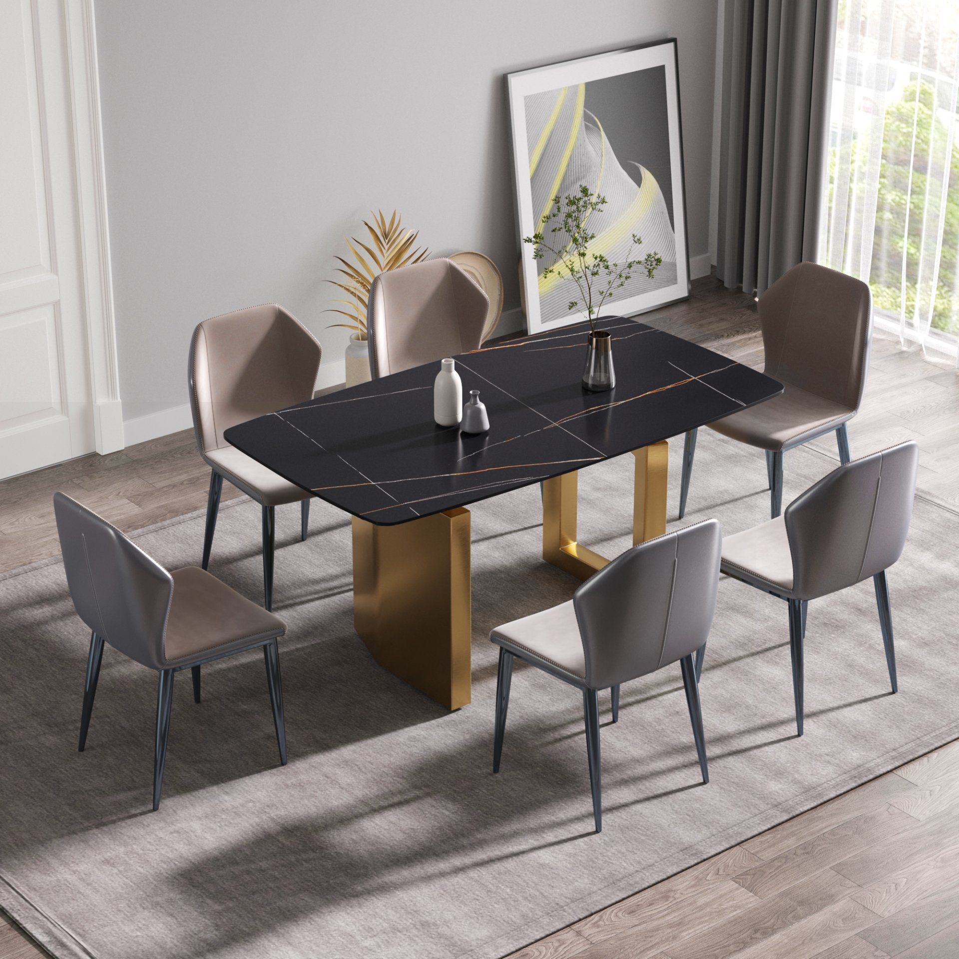63" Artificial Stone Curved Golden Metal Leg Dining Table, 6 People - Black / Gold - Image 2