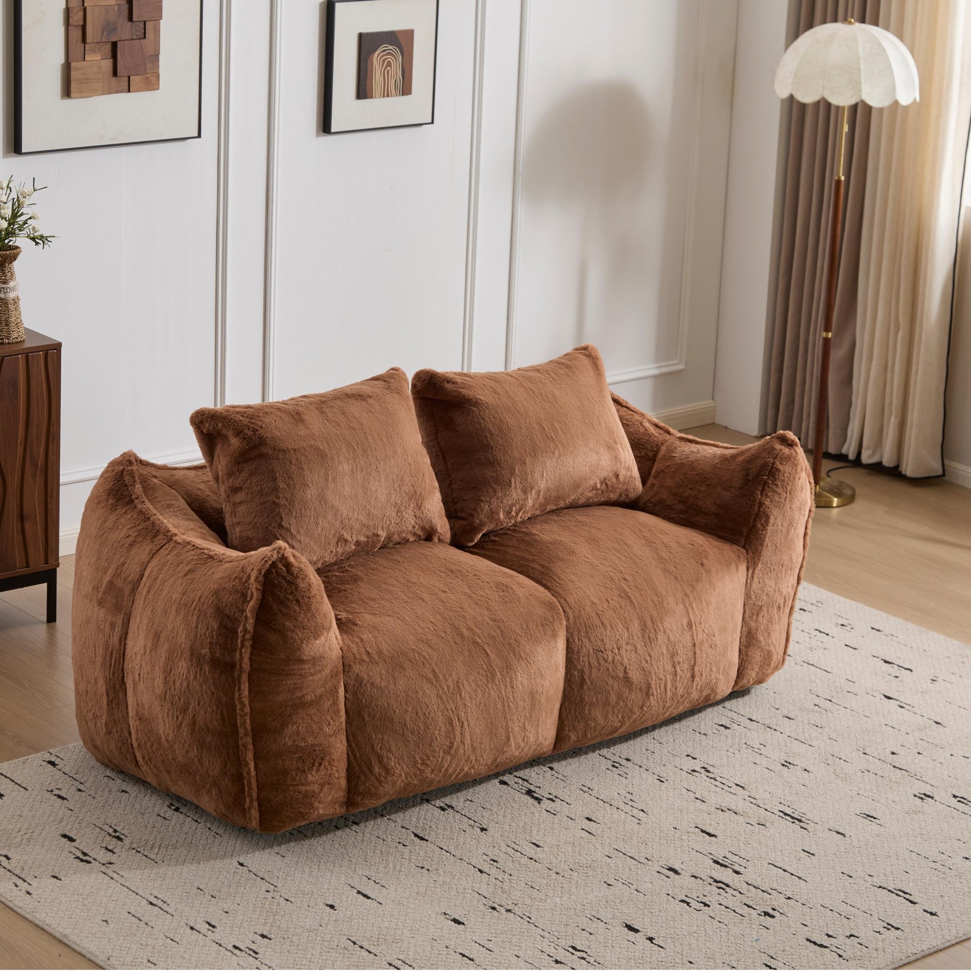 Giant Bean Bag Couch, Ultra Soft Fluffy Loveseat For Living Room Reading Chair With Pillows - Brown - Image 9