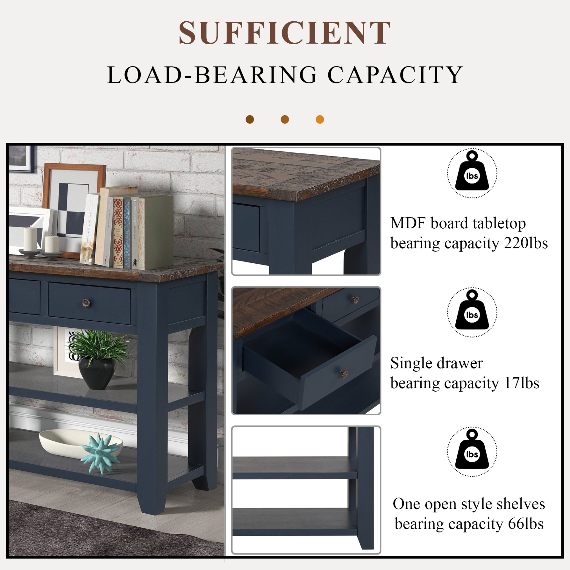 49'' Rectangular Solid 3 Drawer 2 Shelf Console Table - Blue - Image 8