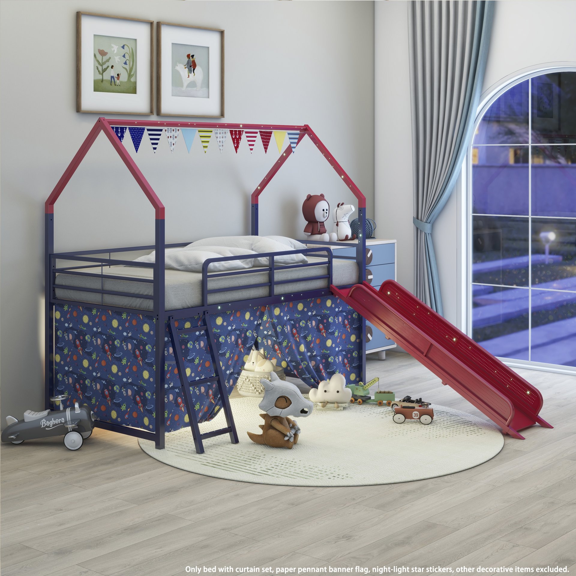Jack - House Twin Loft Bed With Slide And Curtain Set, Superhero - Blue / Red - Image 8