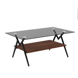 Rectangle Coffee Table With Tempered Glass Top And Brown MDF Shelf, Modern Table For Living Room - Gray