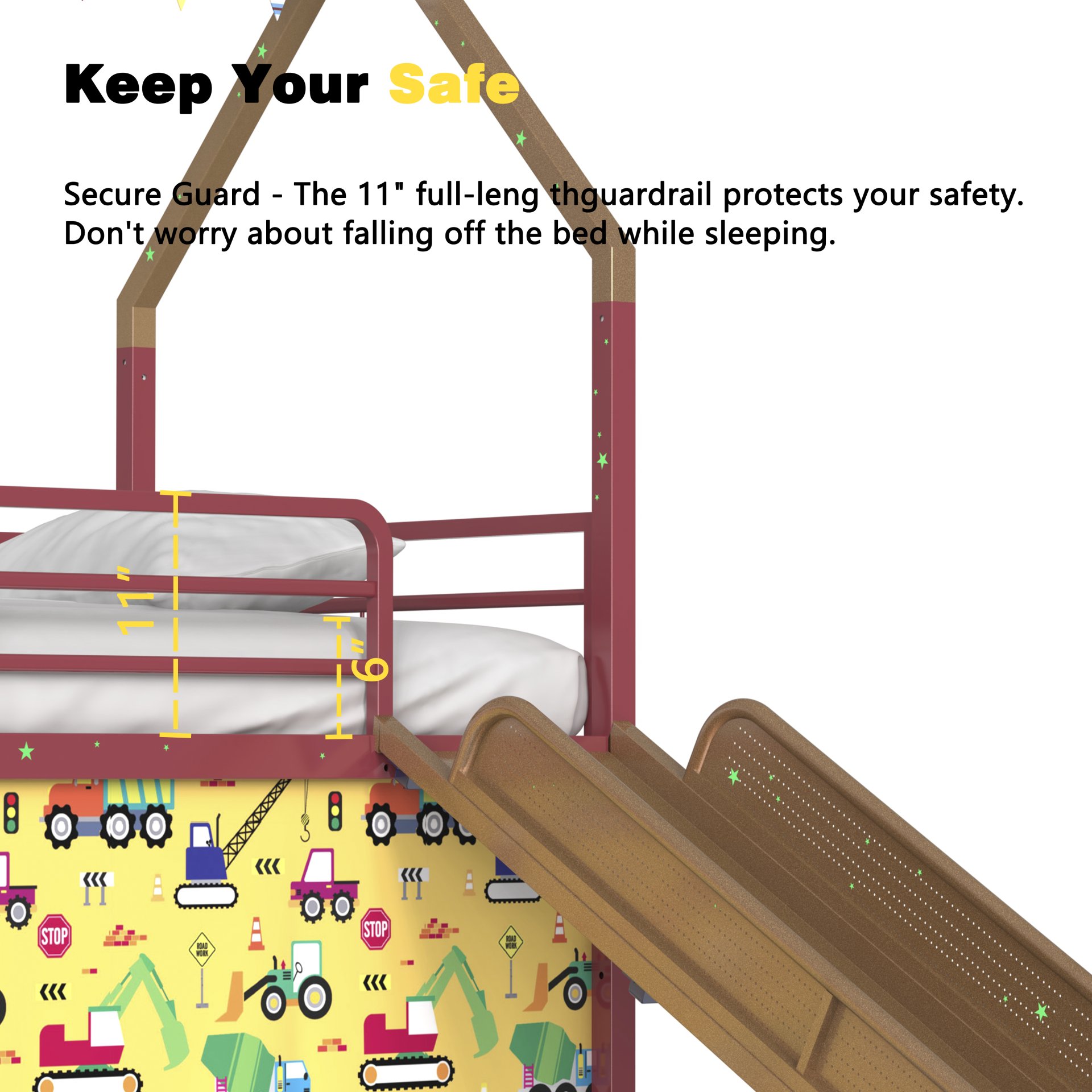 Jack - House Twin Loft Bed With Slide And Curtain Set, Superhero - Gold - Image 17