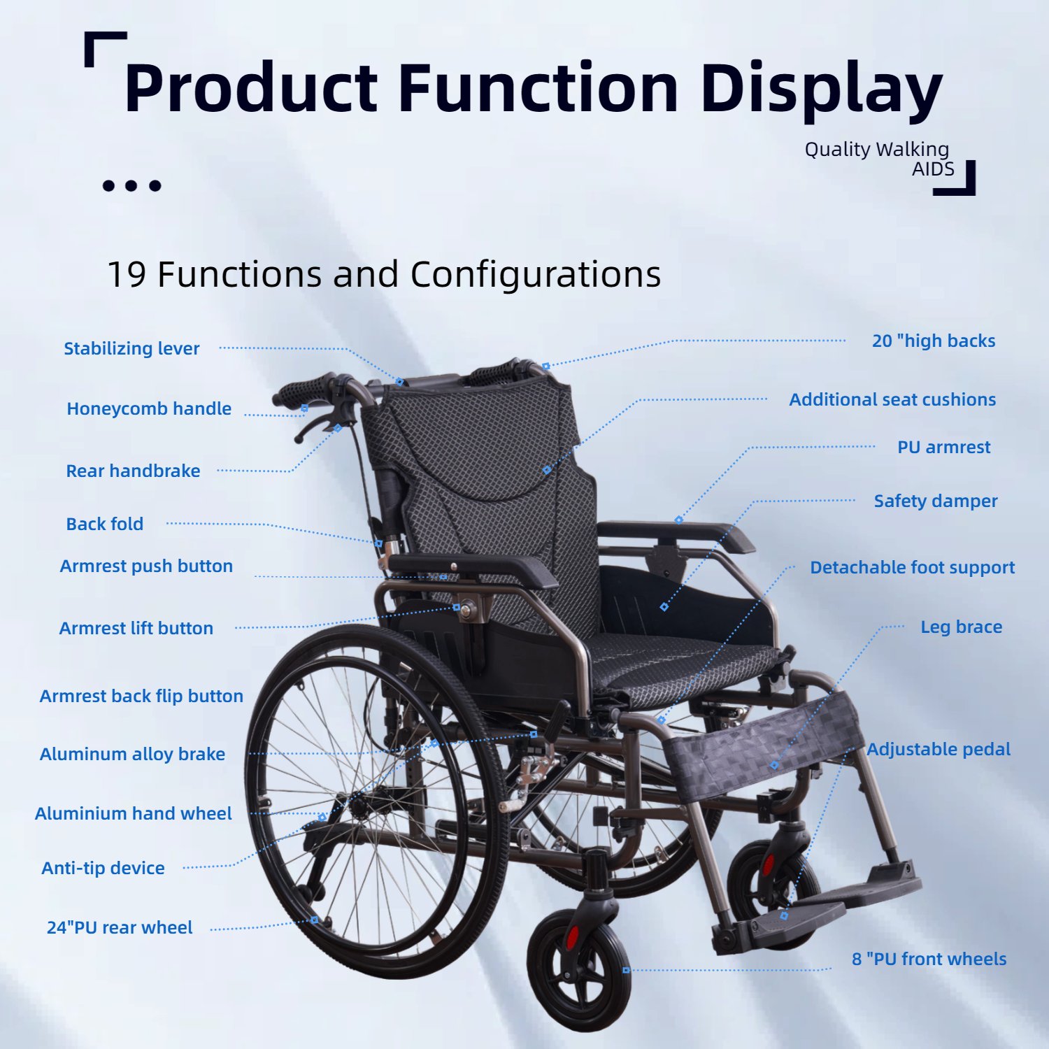Premium Nursing Folding Wheelchair Frame Double Brakes Adjustable Seat Belt & Breathable Cushion Safe Comfortable Ride With Anti Backflip & Stability Features - Black / Gray - Image 7