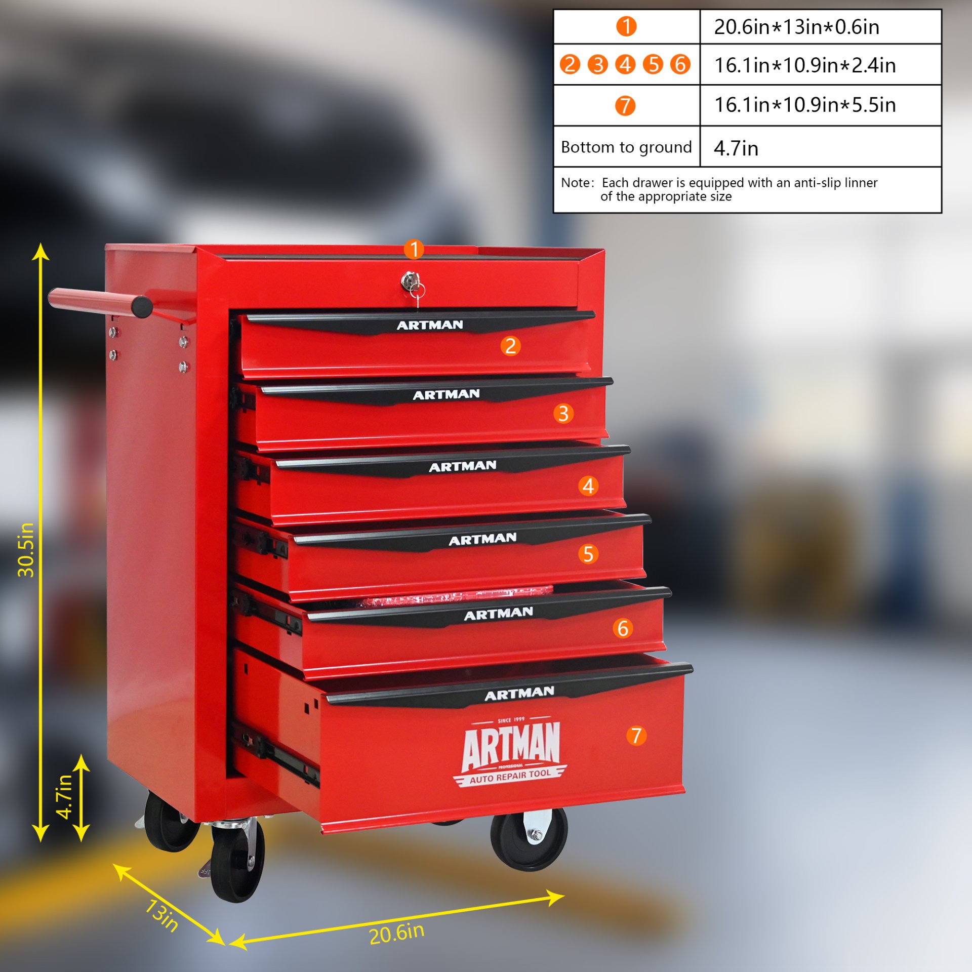 Rolling Metal Tool Chest With 6 Drawers, 20" Steel Storage Cabinet With Ball Bearing Slides - Red / Black - Image 8