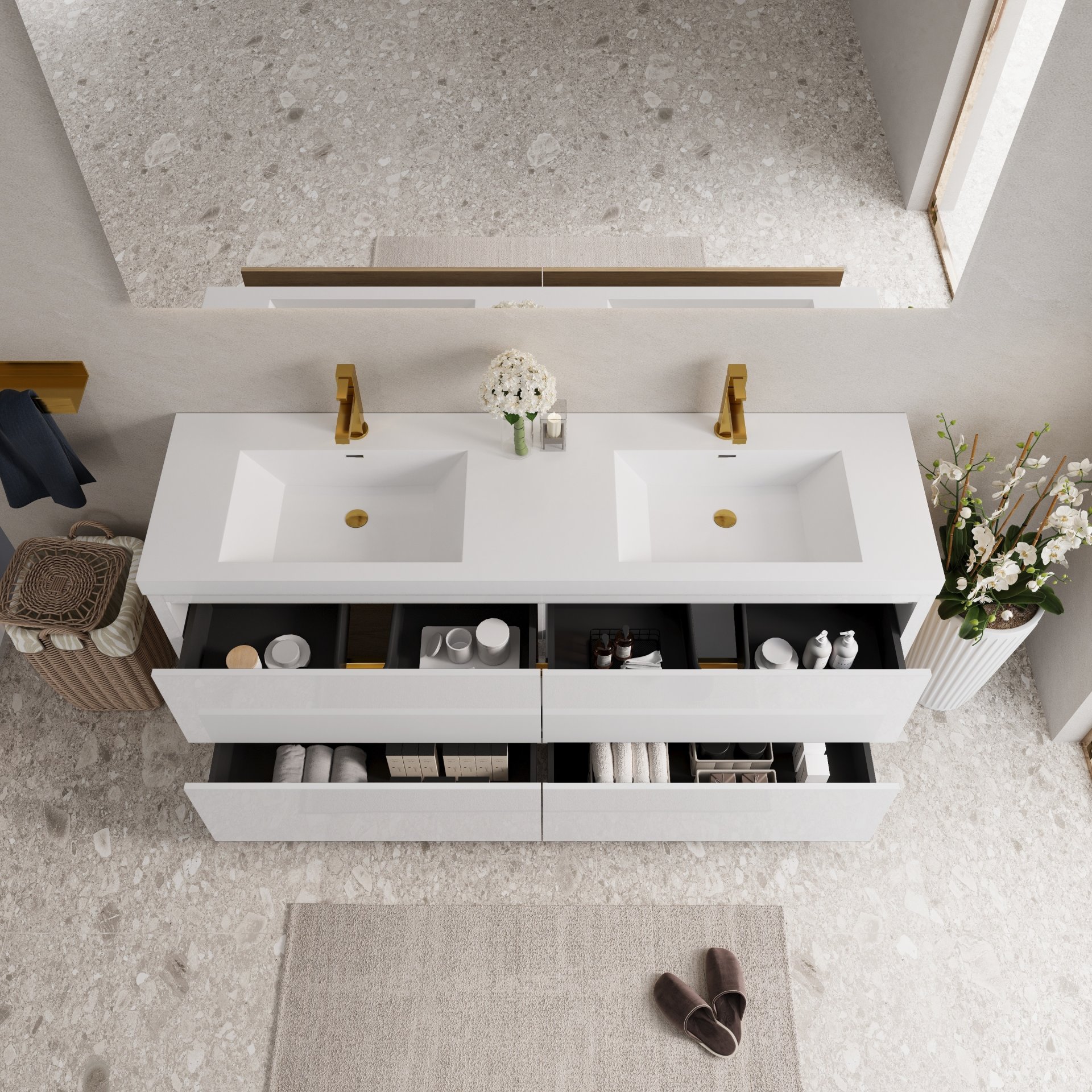 Freestanding Bathroom Vanity With Sink, Bathroom Storage Vanity Cabinet With Stone Resin Countertop And Soft Close Drawers - Glossy White - Image 8