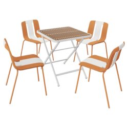 4 Piece Set Of Striped Color Blocking Single Chairs With Folding Square Table - Beige / Khaki / Tropical Orange / White