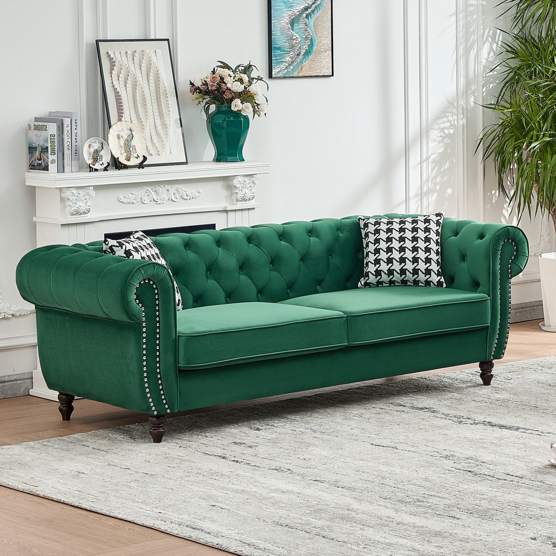Chesterfield Sofa With Roll Armrest & Nailhead, 3 And 2 Seater - Green - Image 12