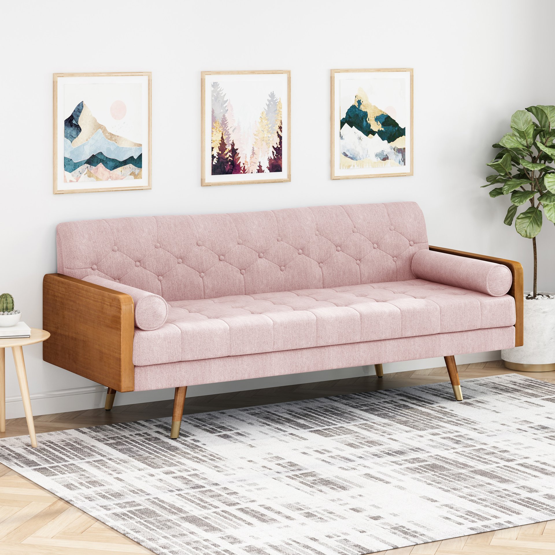 Aidan - Mid Century Modern Tufted Fabric Sofa - Blush - Image 2