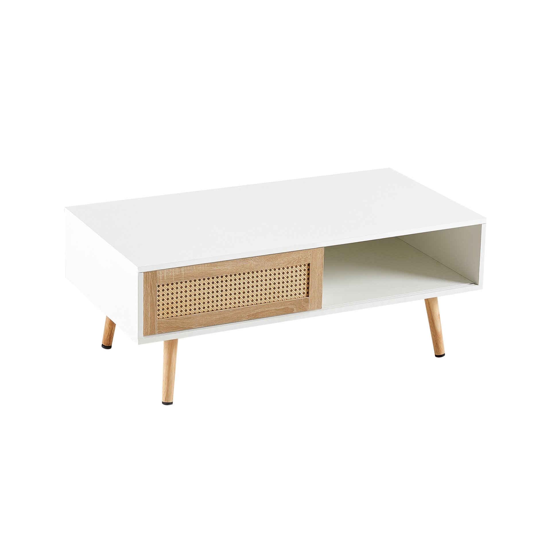 41.34" Rattan Coffee Table, Sliding Door For Storage, Solid Wood Legs, Modern Table For Living Room - White - Image 9
