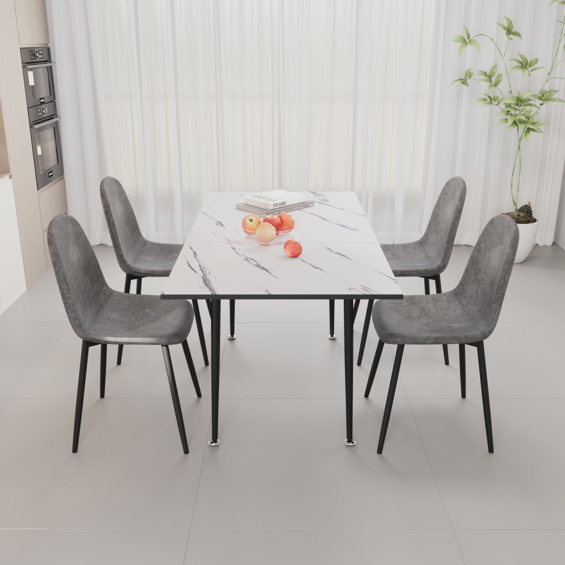 Modern Extendable Dining Table And Chair Set With Metal Base And Suede Chairs, 4 Piece - Gray / White - Image 5