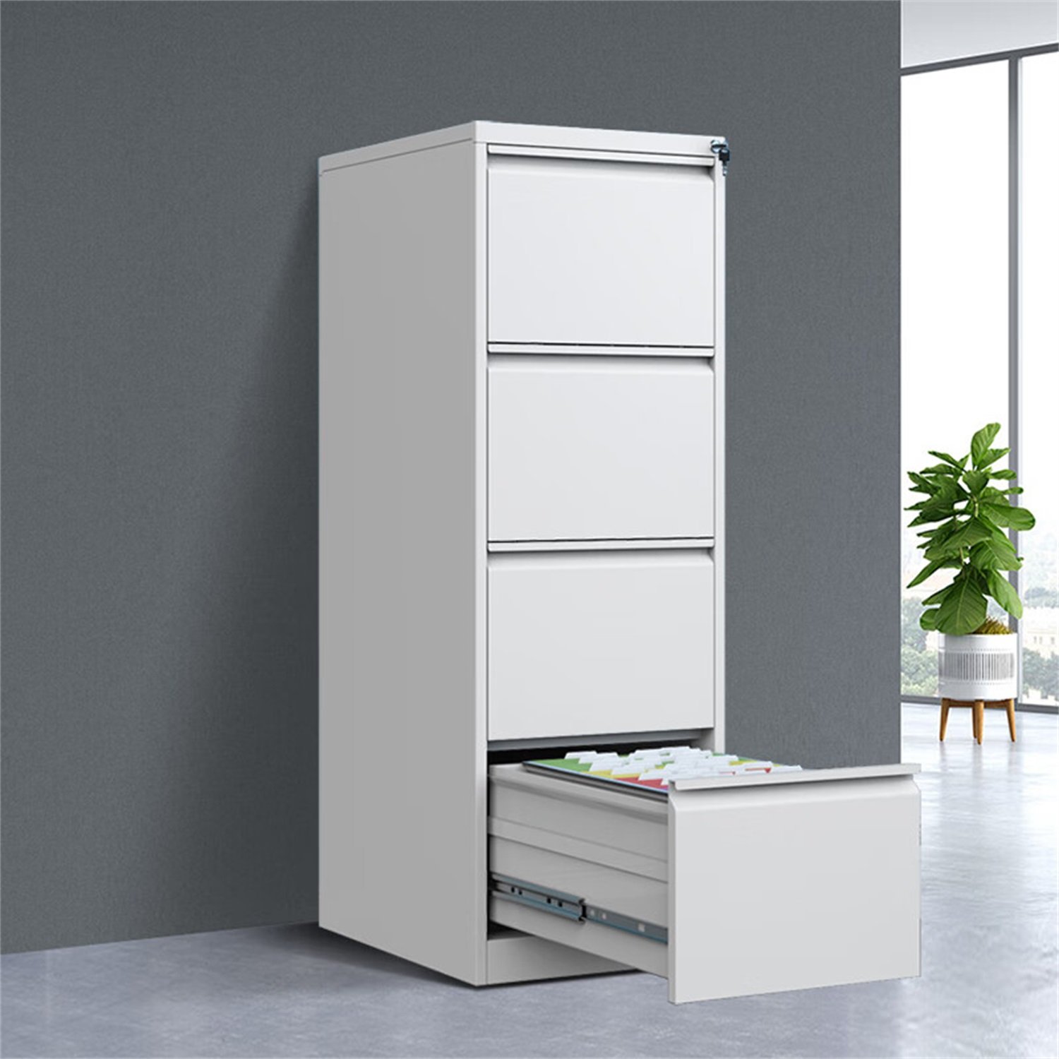 Steel Vertical File Cabinet With Lock, 4 Drawer, Metal Storage For A4 / Legal / Letter Size - White - Image 4