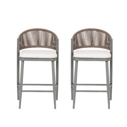 Outdoor Counter Height Metal Frame Counter Stools With Scallop Shaped Backrest & Water Resistant Cushions (Set of 2) - Matte Gray