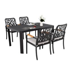 5 Pieces Outdoor Patio Aluminum Furniture Set, Rectangular Table With Umbrella Hole - Bourbon Brown