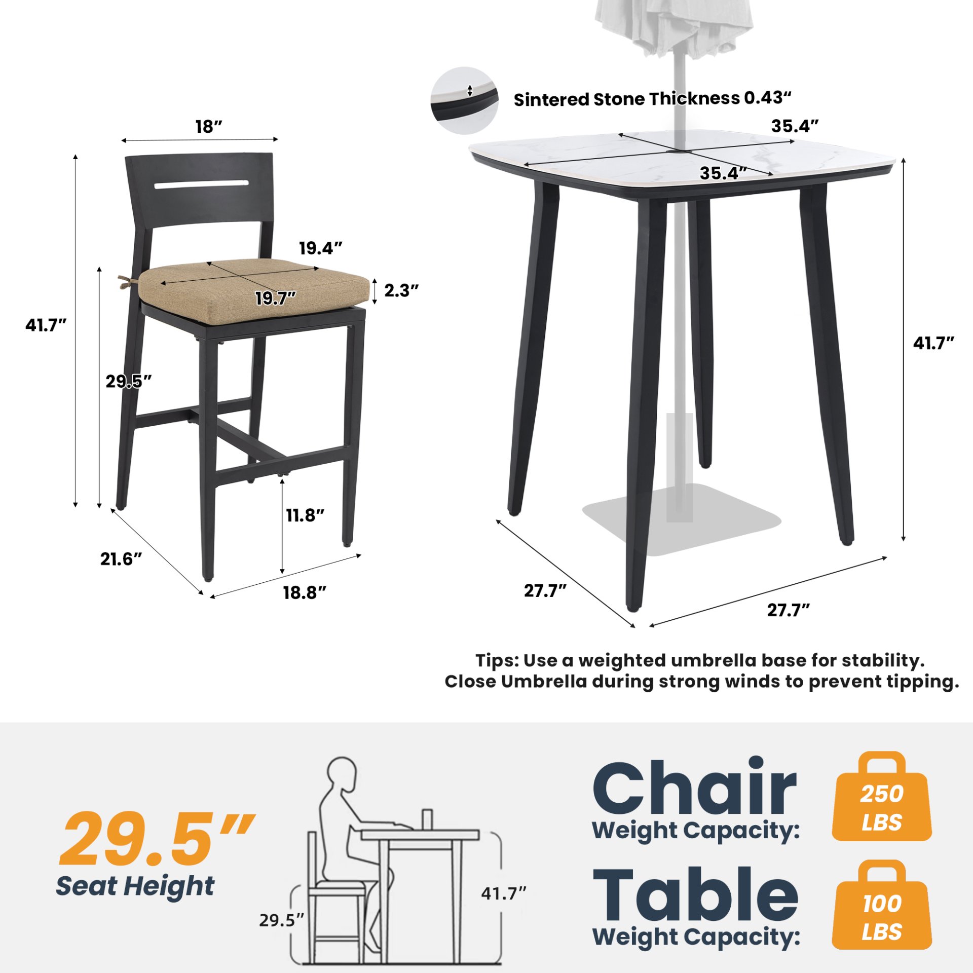 5 Pieces Outdoor Patio Bar Set, Rounded Square Table & 4 Bar Stools - Ember Black / Linen Sesame - Image 3