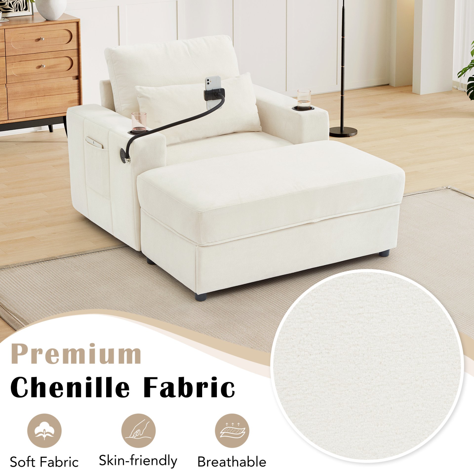 Modern Style Armchair Chaise Lounge Sofa Couch With Movable Storage Ottoman, USB Ports, Cup Holders, Phone Holder Chenille - Beige - Image 7