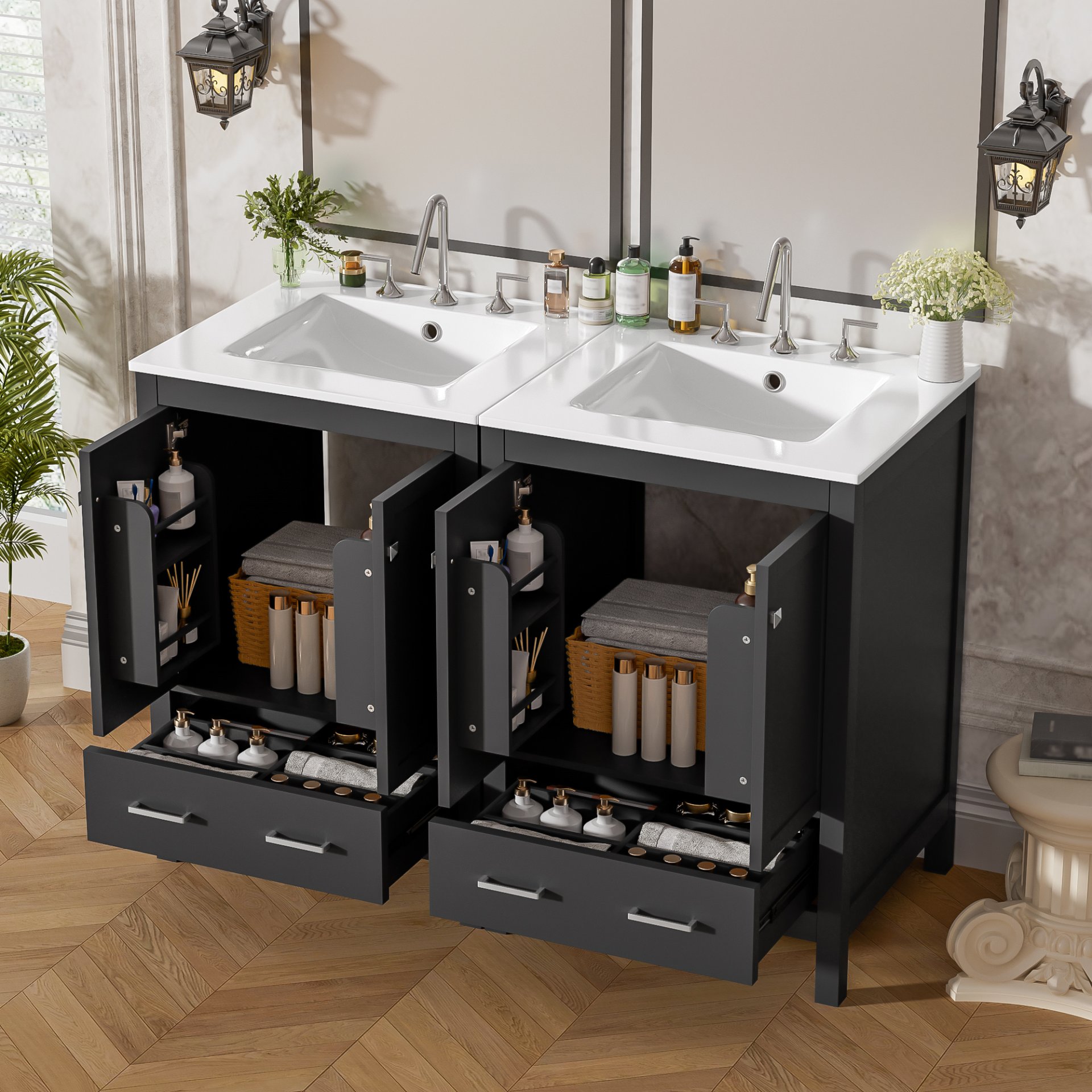 Bathroom Vanity With Integrated Undermount Sinks, Soft Close Doors, Divided Drawer, And Double Layer Door Shelf - Black - Image 7