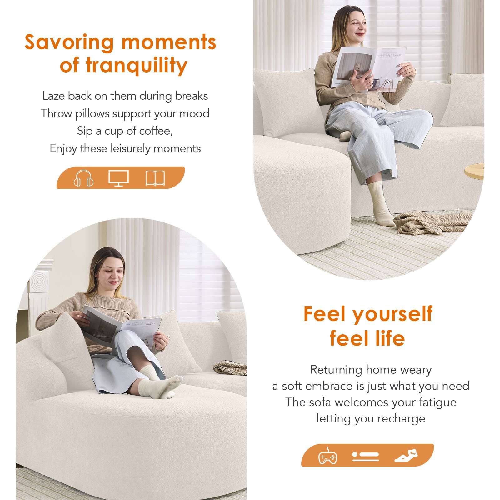 Compression Sofa: Combining Chaise Longue With 3 Seater, Wood Grain Chenille Fabric, Full Sponge Compression Sofa, Combined Sofa With 4 Pillows For Living / Home Furniture / Apartment - White - Image 3