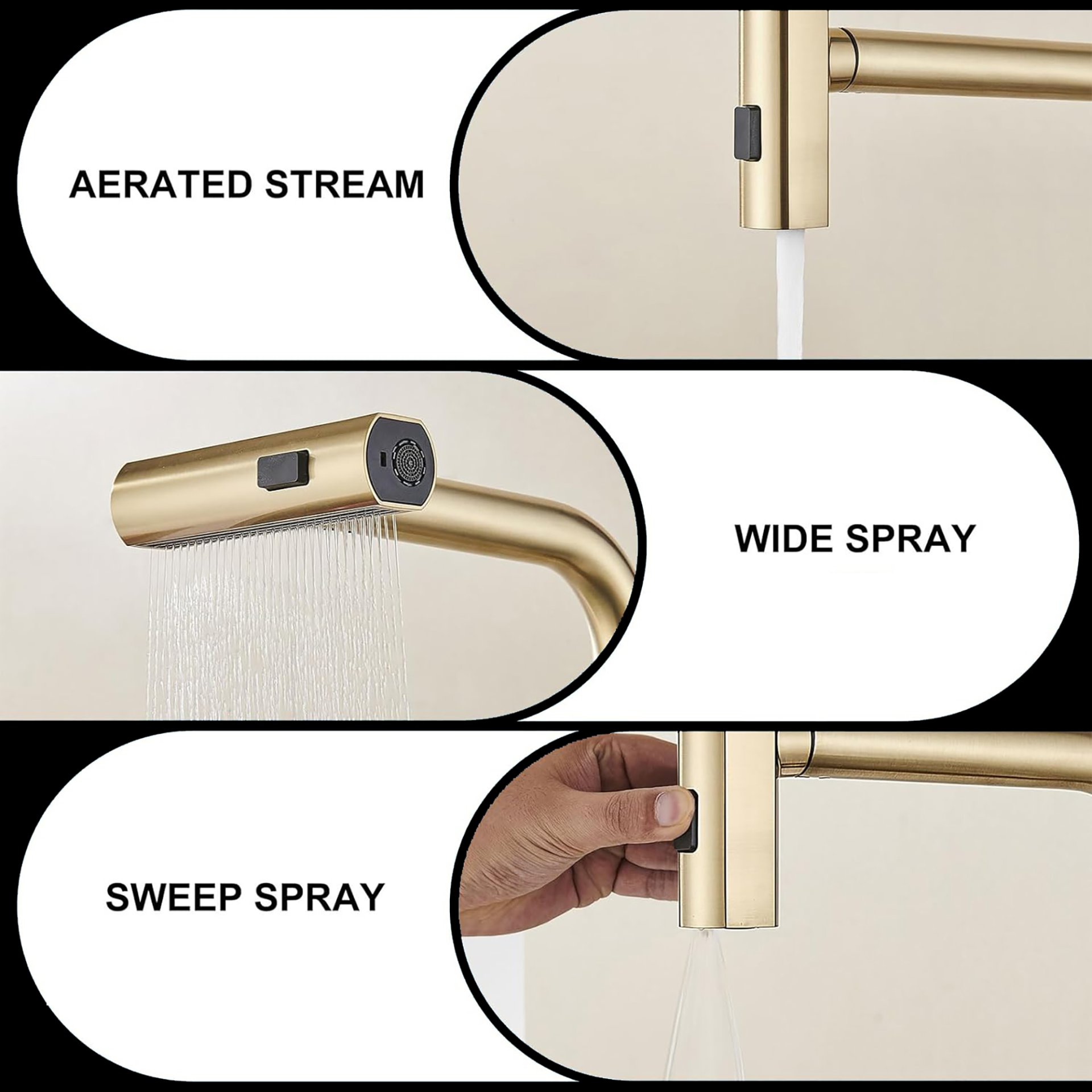 Kitchen Waterfall Faucet With Pull Down Sprayer, Single Handle, 360 Degree Rotating Zinc Alloy - Brushed Gold - Image 5
