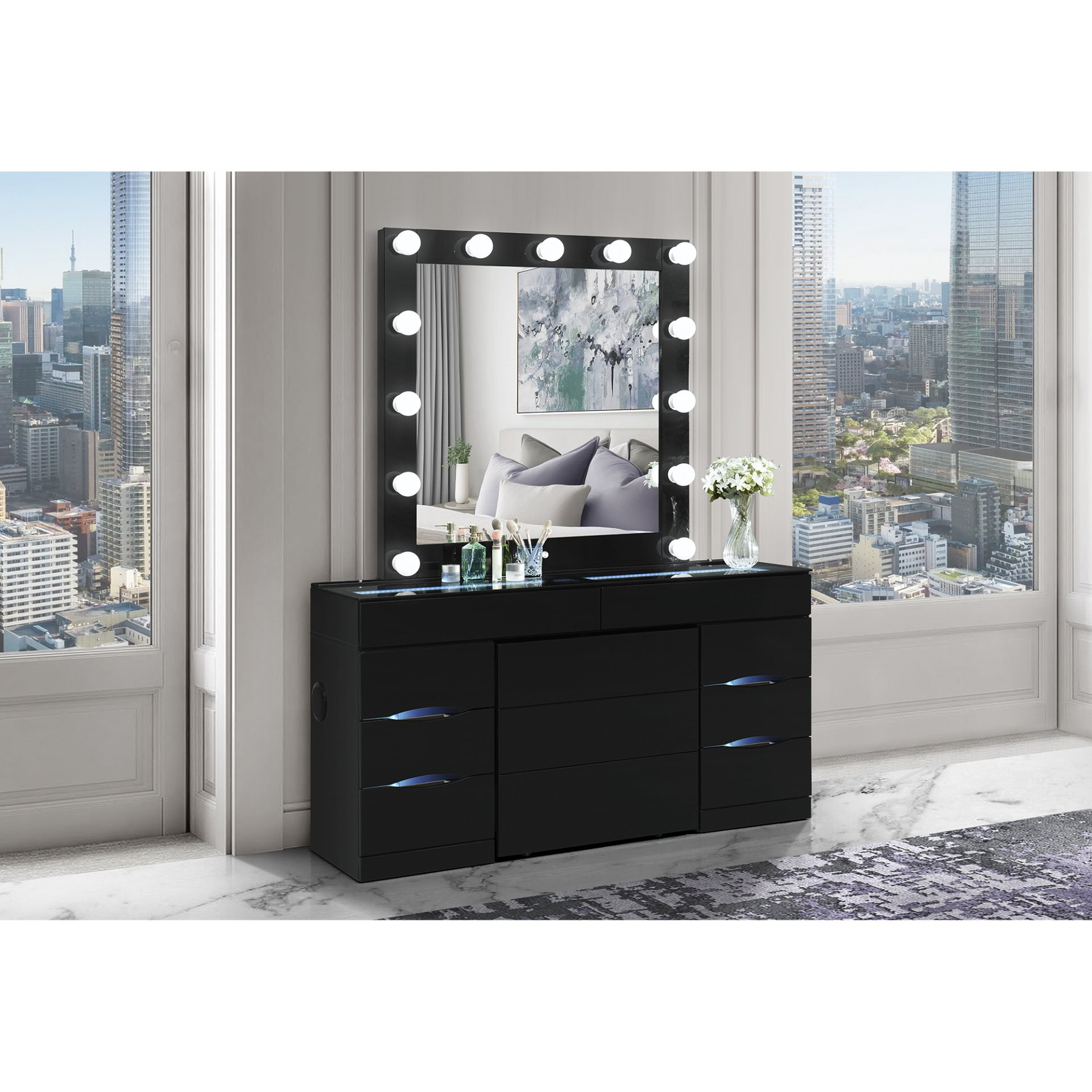 Elisa - Vanity Set With Stool And LED Bulbs - Black - Image 2