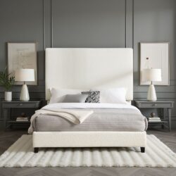 Queen Size White Boucle Upholstered Platform Bed - White