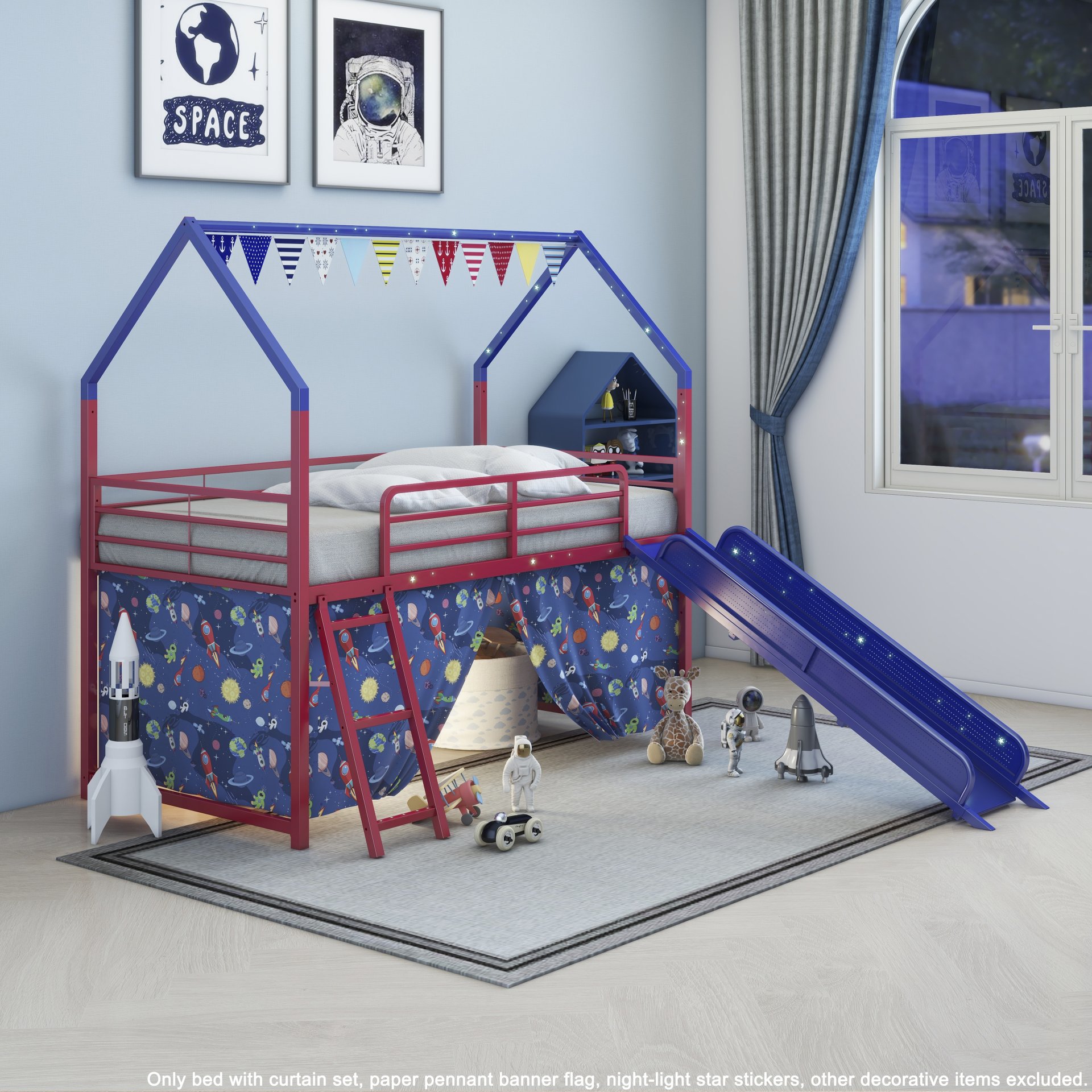 Jack - House Twin Loft Bed With Slide And Curtain Set, Superhero - Red / Blue - Image 6
