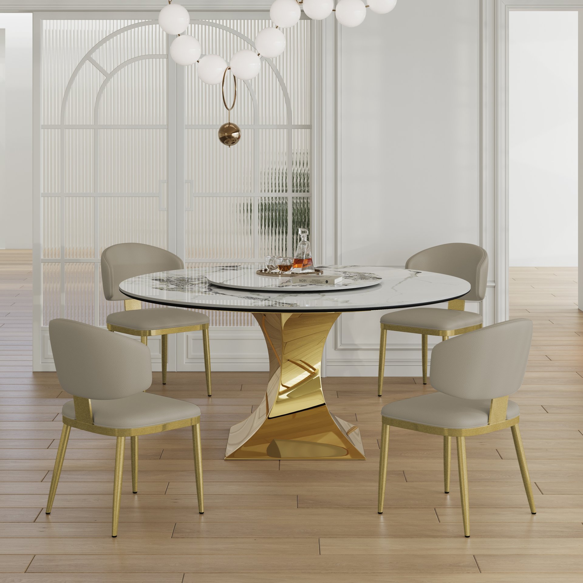 Luxury Round 59" Sintered Stone Dining Table With Stainless Steel Hourglass Base, Scratch & Heat Resistant Surface - Golden / White - Image 12