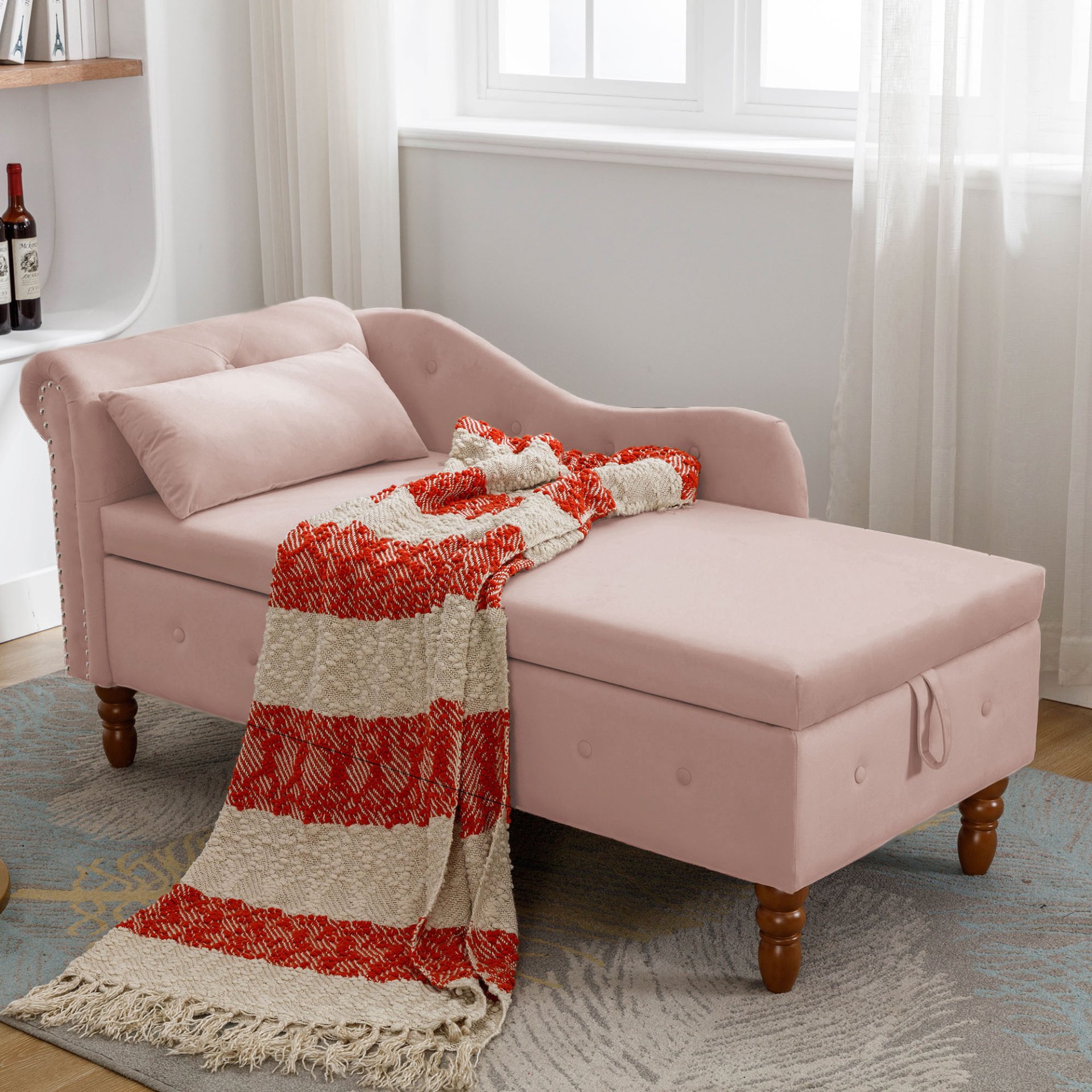 Chaise Lounge Indoor, Velvet Lounge Chair For Bedroom With Storage & Pillow, Modern Upholstered Rolled Arm Chase Lounge For Sleeping With Nailhead Trim For Living Room Bedroom Office - Pink - Image 11
