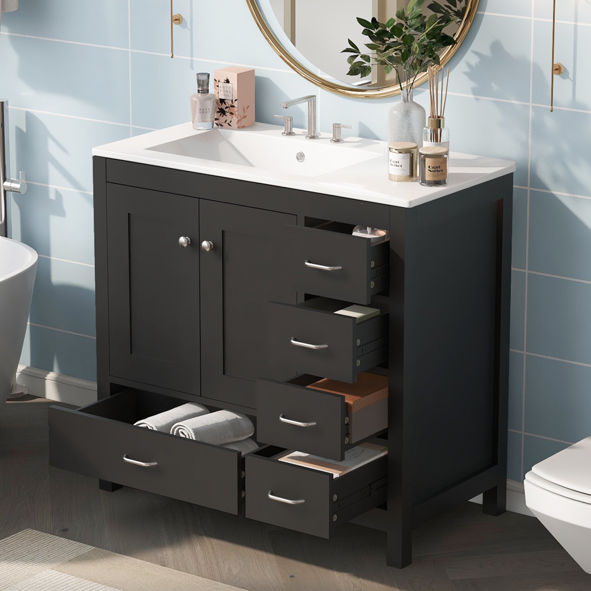 Bathroom Vanity With Ceramic Sink Combo, Abundant Storage Cabinet 2 Soft Close Doors And 5 Drawers - Black - Image 4