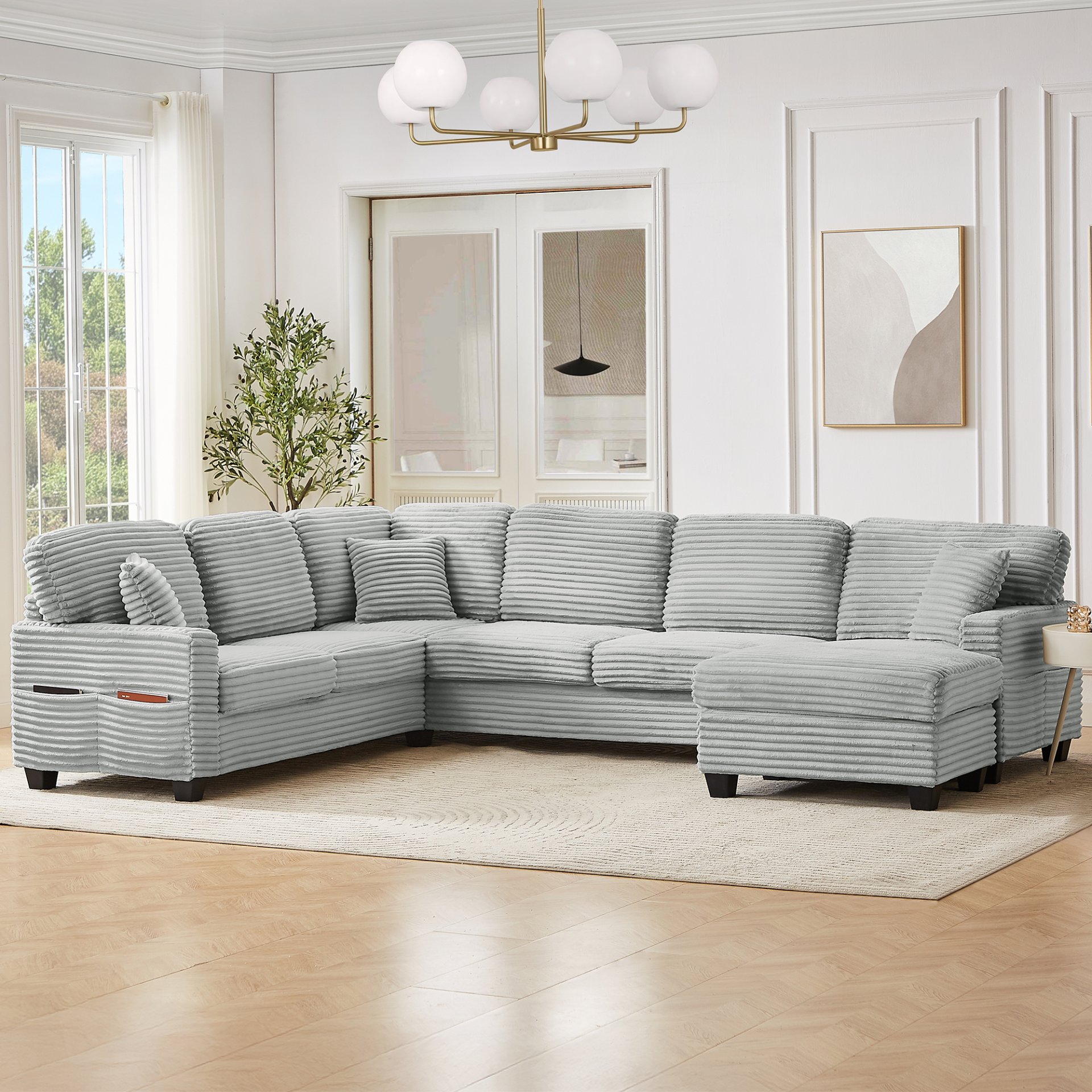 Modern U Shaped Sectional Sofa With Movable Ottoman And Side Storage Pockets Corduroy - Gray - Image 7