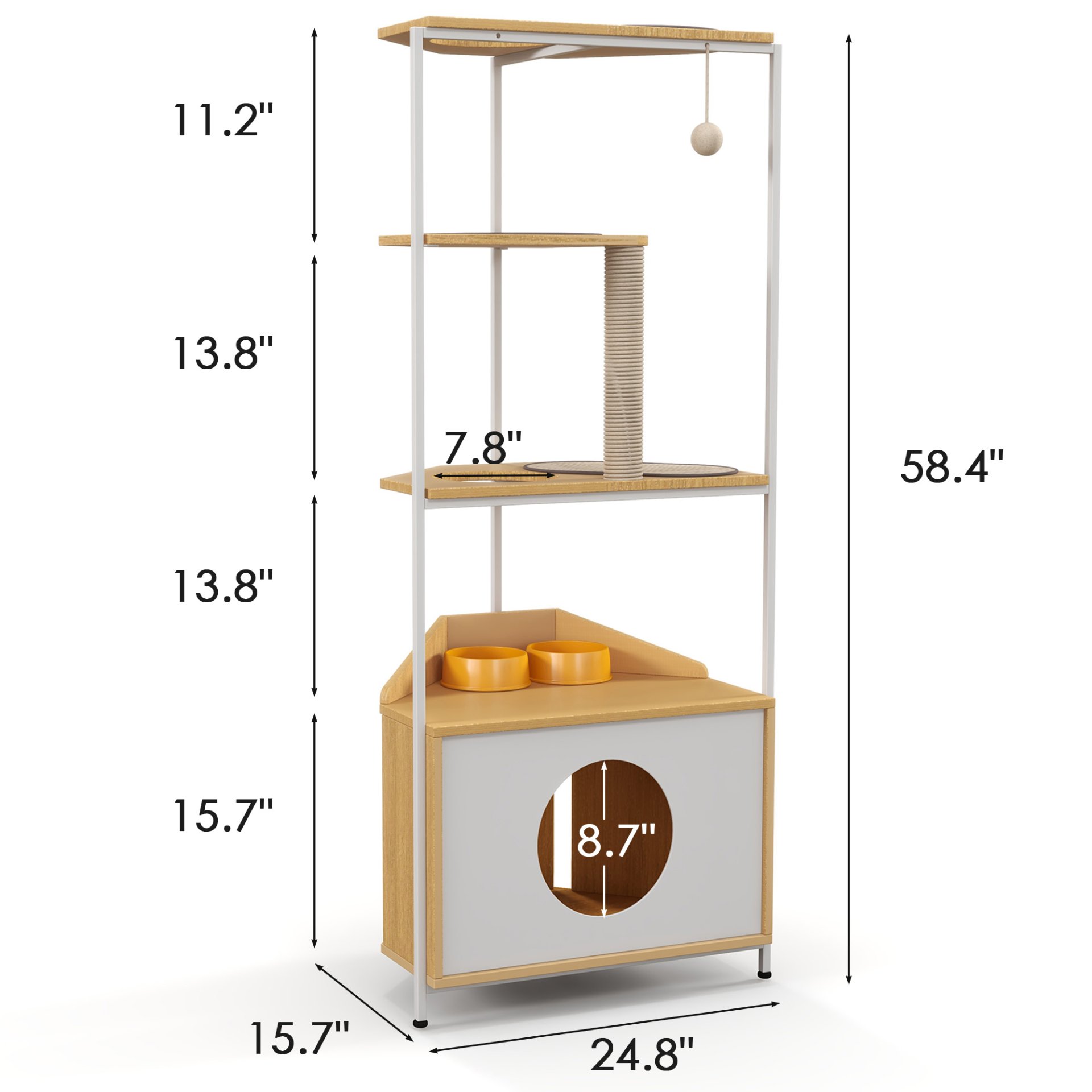 Corner Cat Tower, Cat Tree With Scratching Post, Cat Condo With Feeding Station And Climbing Platforms, Pet Furniture For Indoor Cats - White / Light Oak - Image 3