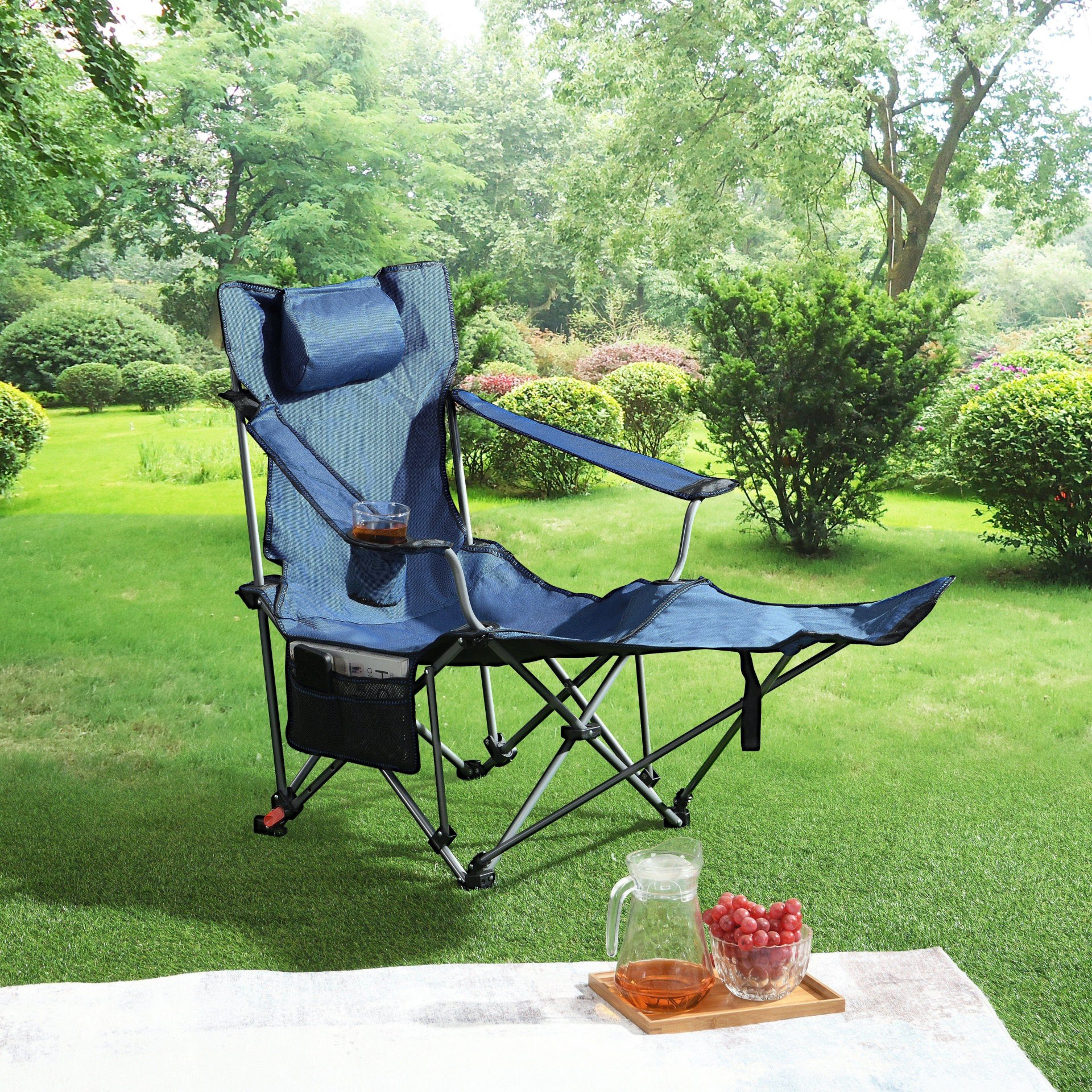 Outdoor Camping Chair With 3 Level Reclining, Side Pockets & Cup Holder, Folding With Carry Bag - Dark Blue - Image 2