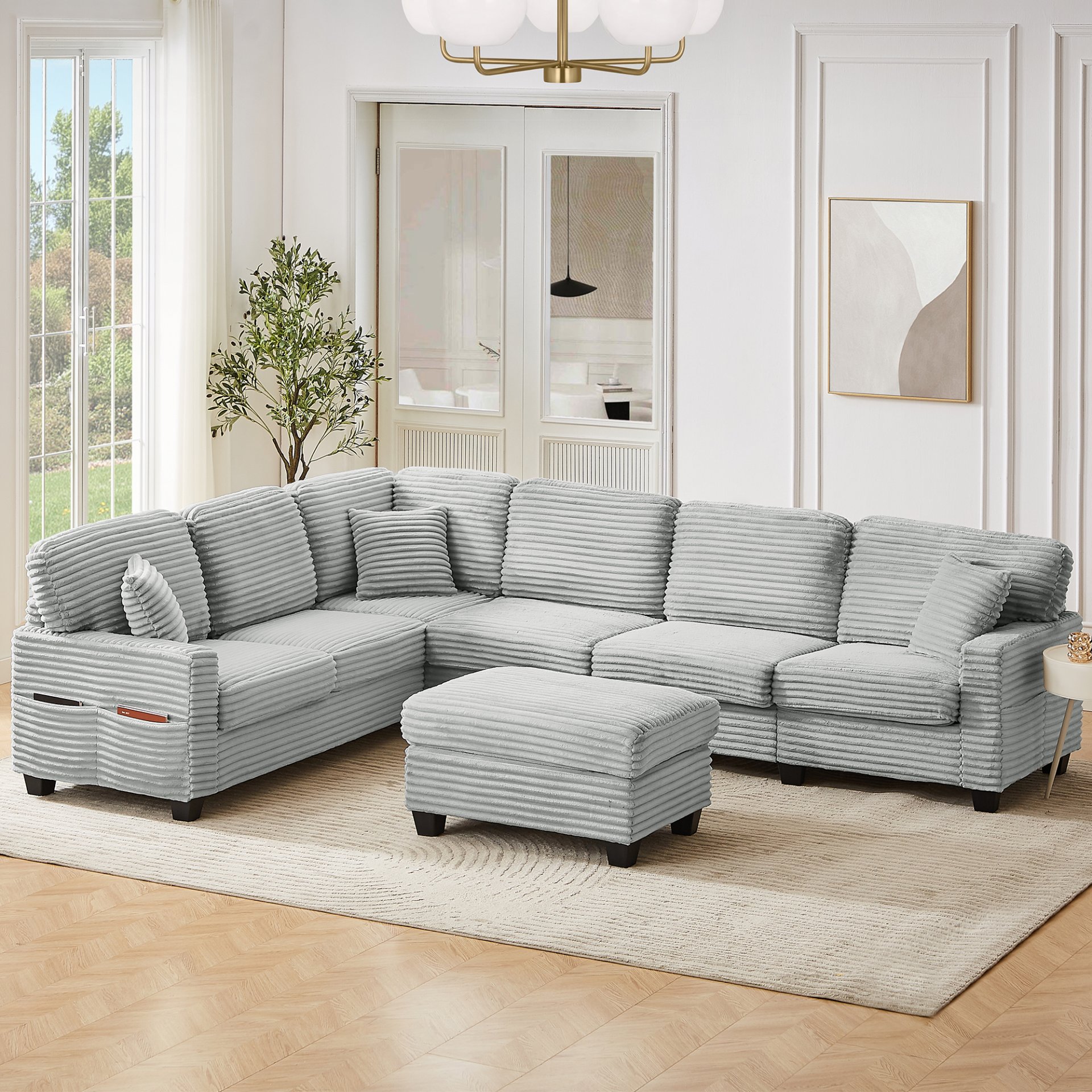 Modern U Shaped Sectional Sofa With Movable Ottoman And Side Storage Pockets Corduroy - Gray - Image 8
